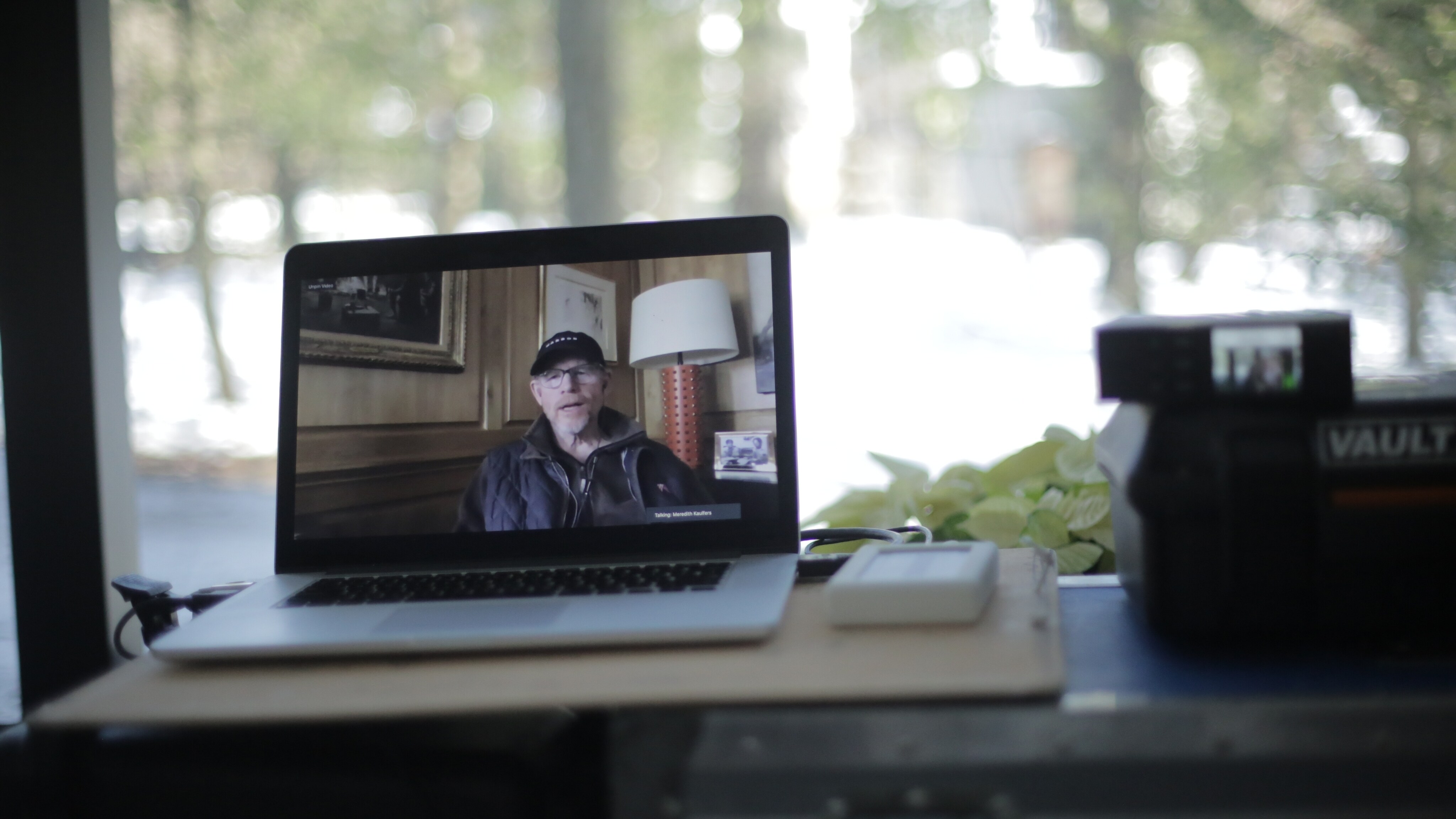 Director, Ron Howard, on a laptop screen, preparing for interview with José Andrés. (Credit: National Geographic/Adnelly Marichal)