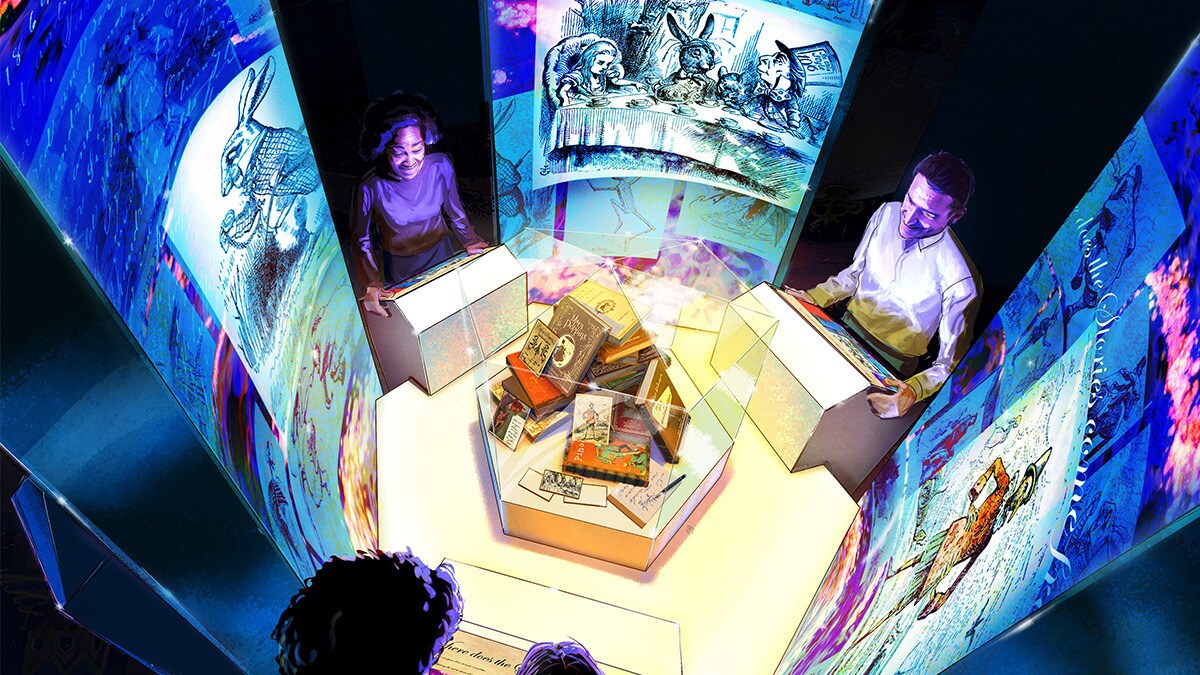 Illustrierte Personen stehen rund um eine Vitrine mit Märchenbüchern drin. Der Raum ist in buntes Licht getaucht
