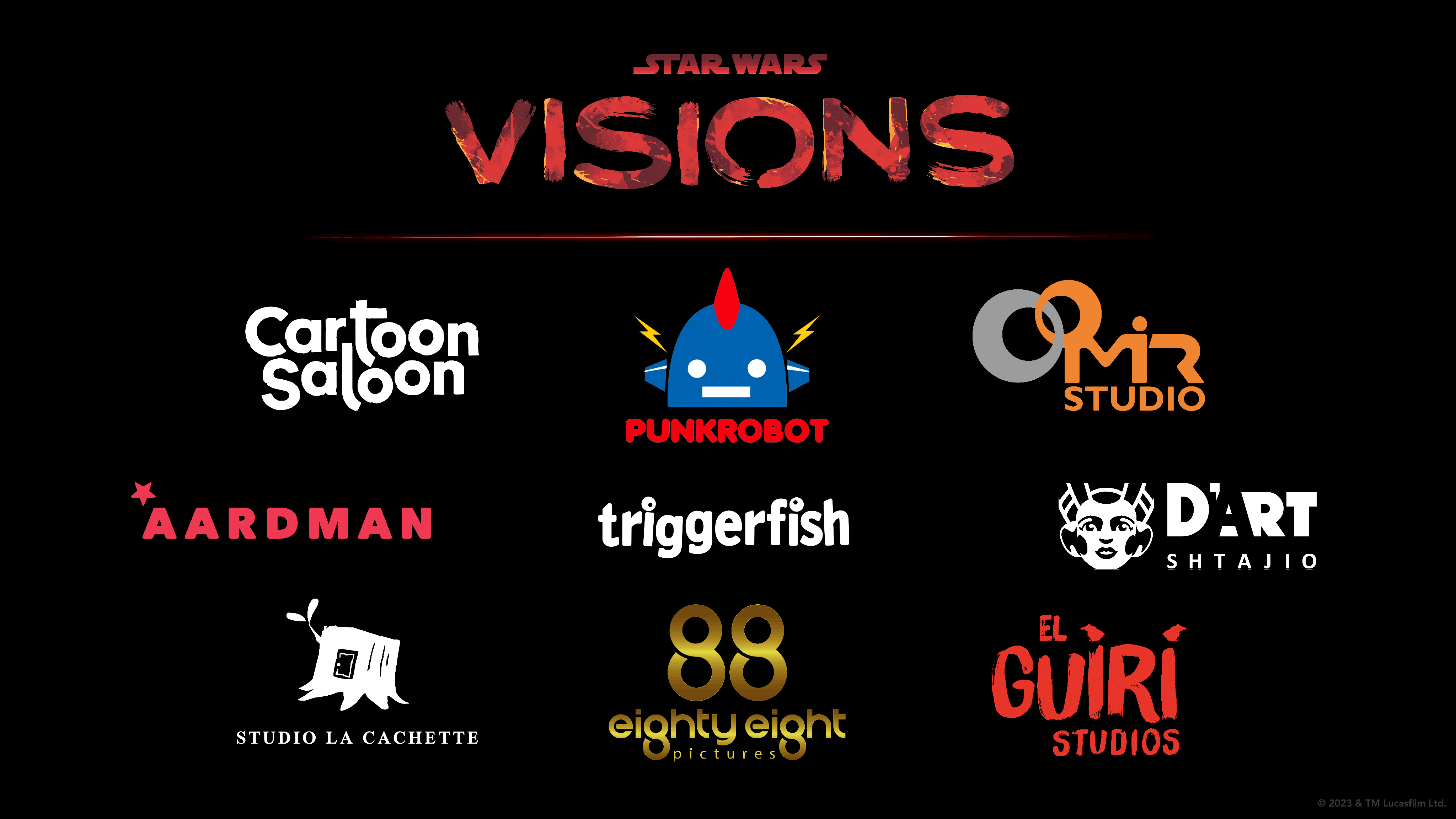 Logos of the following international animation studios: El Guiri (Spain), Cartoon Saloon (Ireland), Punkrobot (Chile), Aardman (United Kingdom), Studio Mir (South Korea) Studio La Cachette (France), 88 Pictures (India), D'art Shtajio (Japan), and Triggerfish (South Africa).