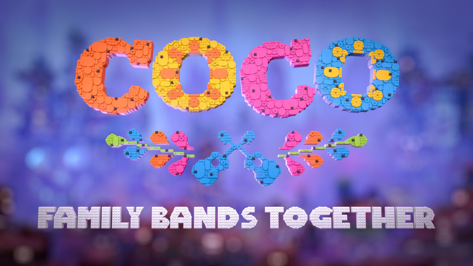 Image of the "Coco" logo and with the title "Family Bands Together" below from the Disney+ Original series "LEGO Pixar BrickToons."