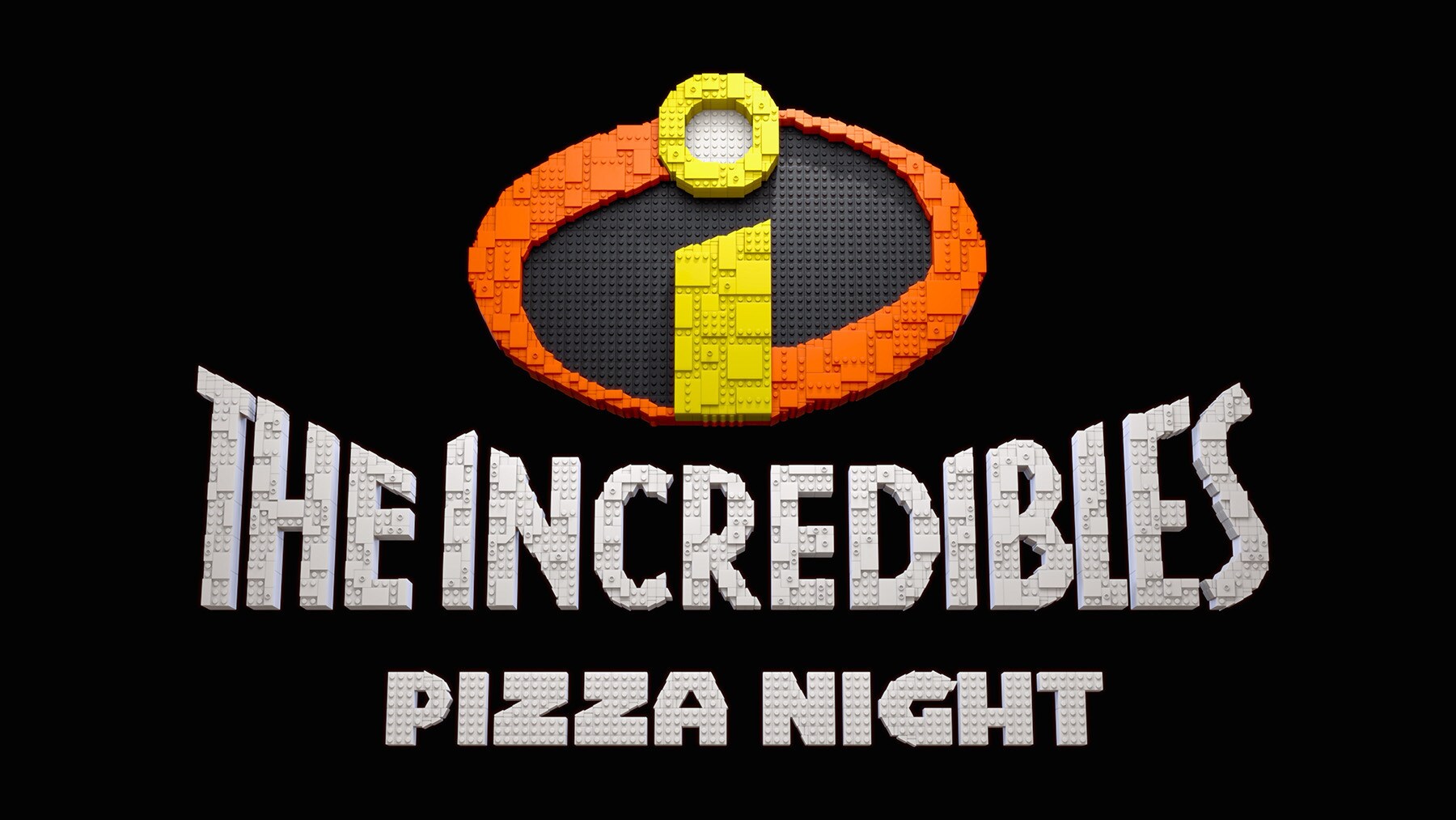 Image of the "The Incredibles" logo and with the title "Pizza Night" below from the Disney+ Original series "LEGO Pixar BrickToons."