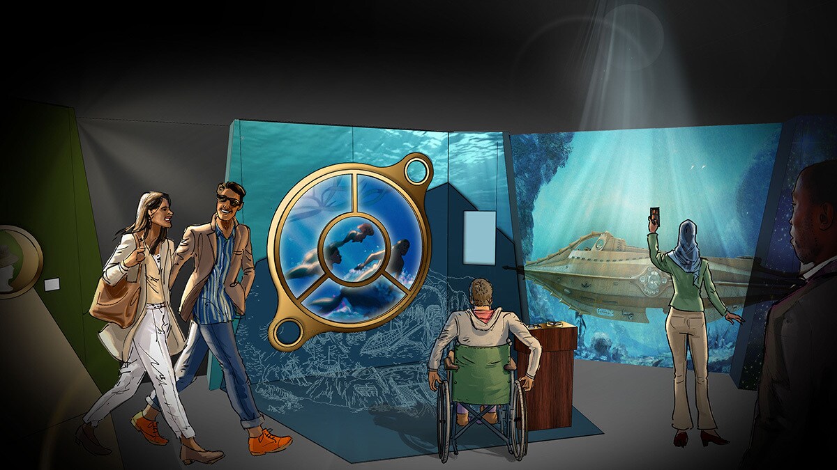Illustrierte Personen schauen sich das Fenster zu einer Unterwasserwelt an der Wand an.