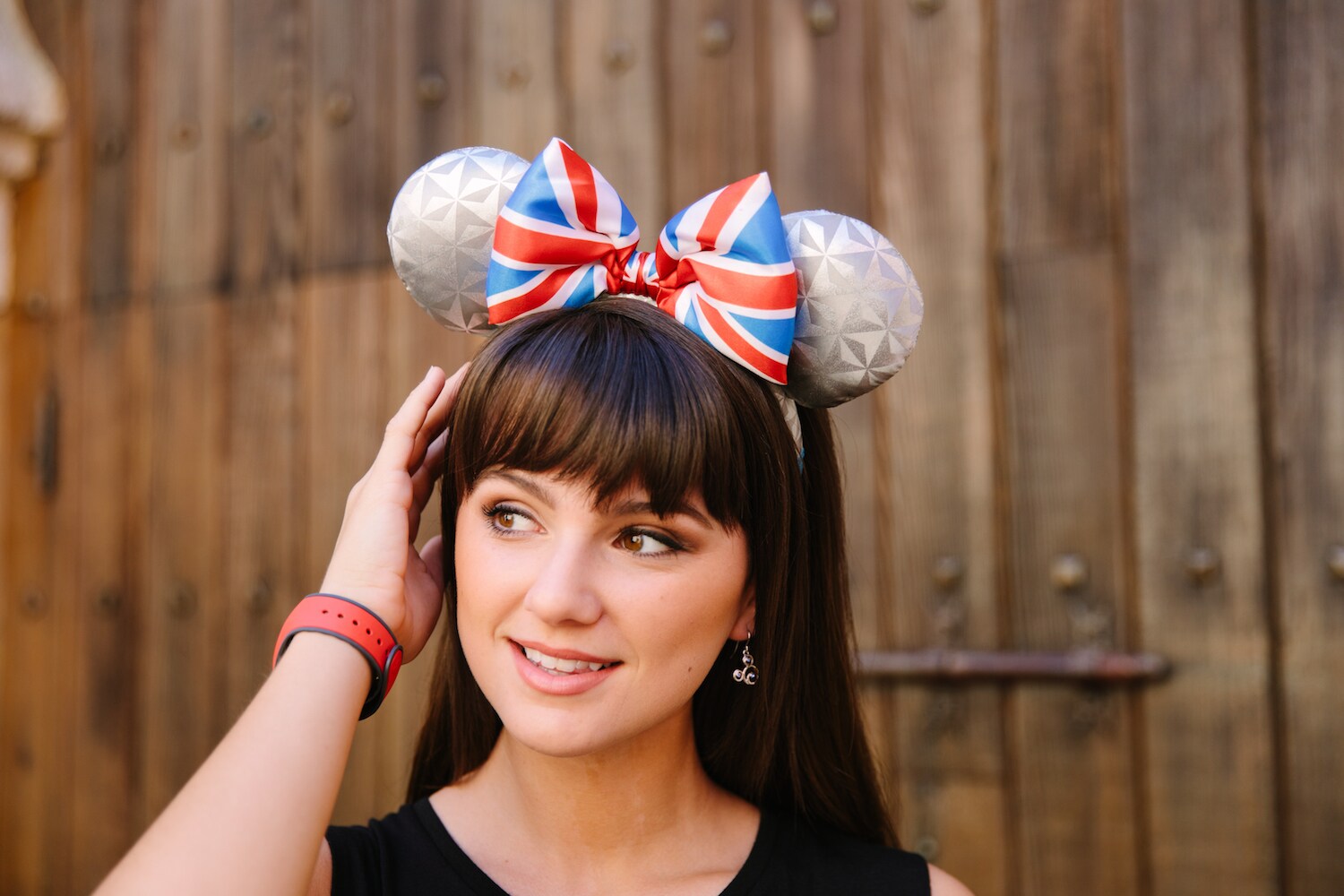 Model wearing Epcot's Earth-inspired Britain Mickey ears 