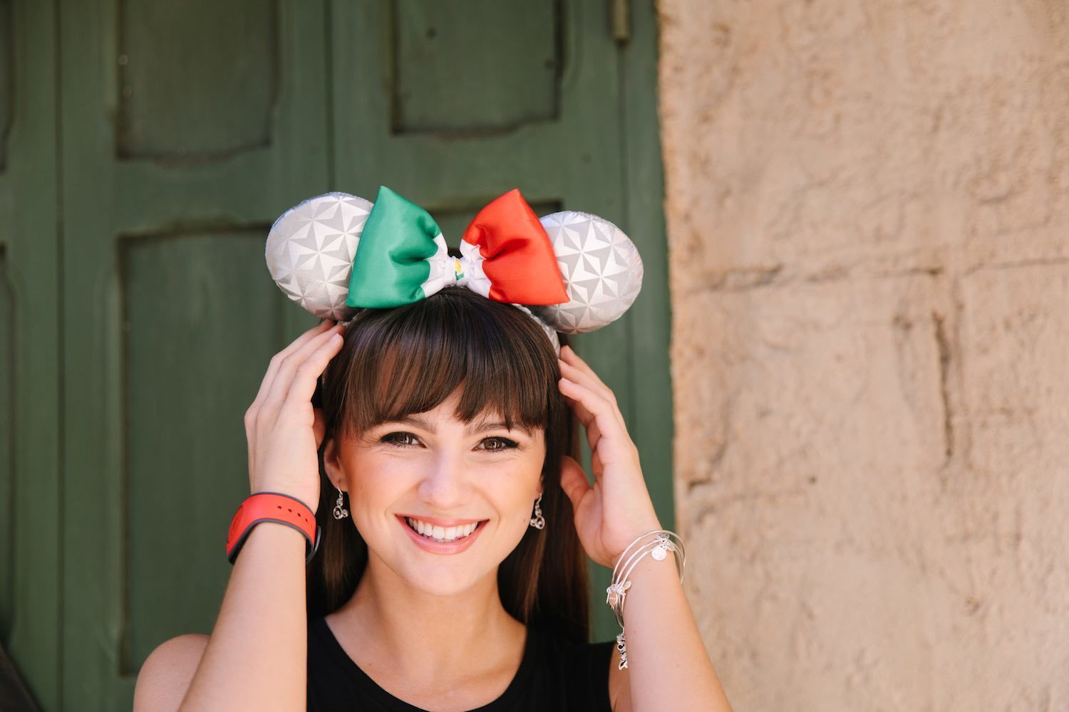 Model wearing Epcot's Earth-inspired France Italy ears 