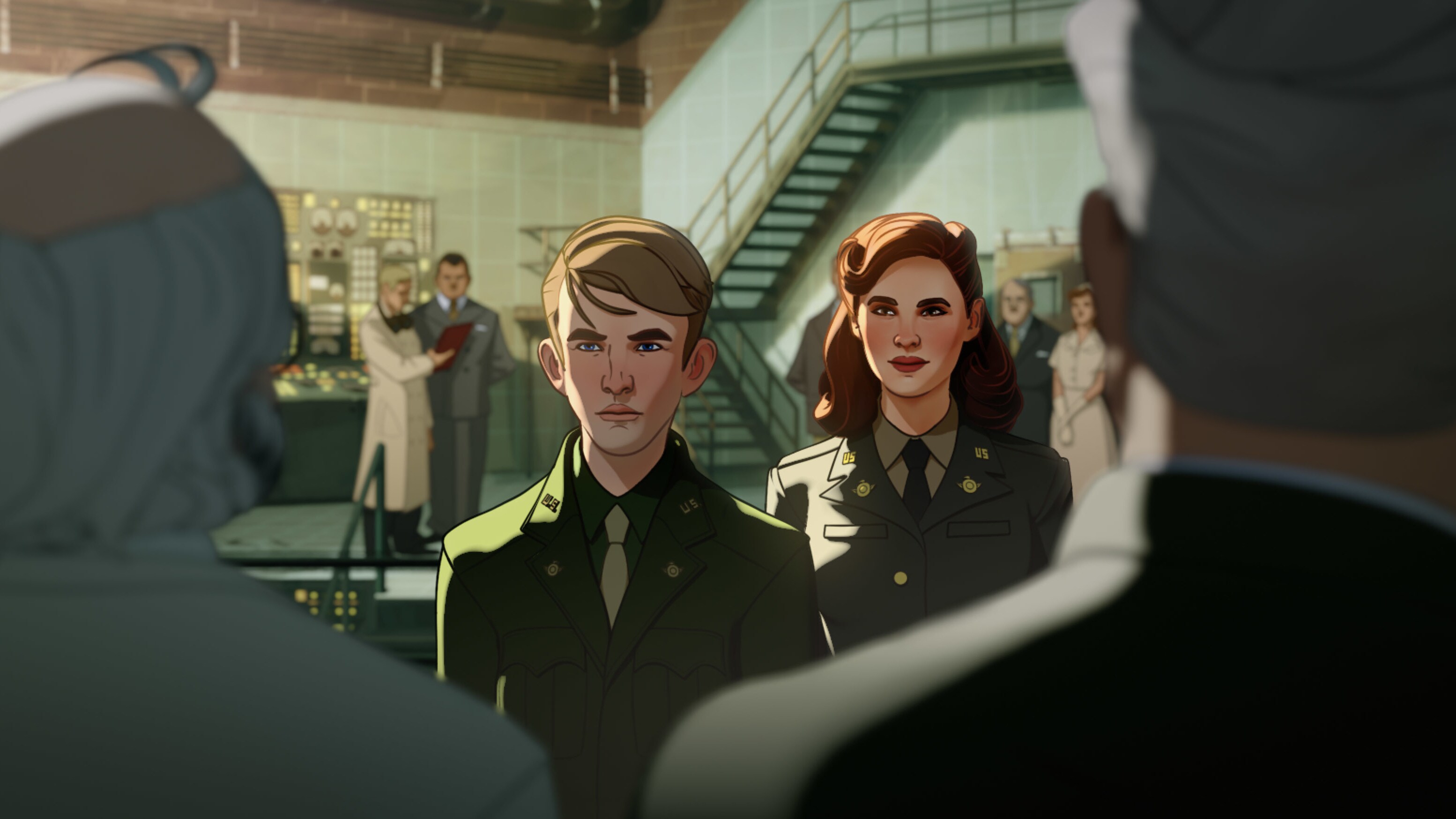 (Center L-R): Skinny Steve Rogers and Captain Carter/Peggy Carter in Marvel Studios' WHAT IF…? exclusively on Disney+. ©Marvel Studios 2021. All Rights Reserved.