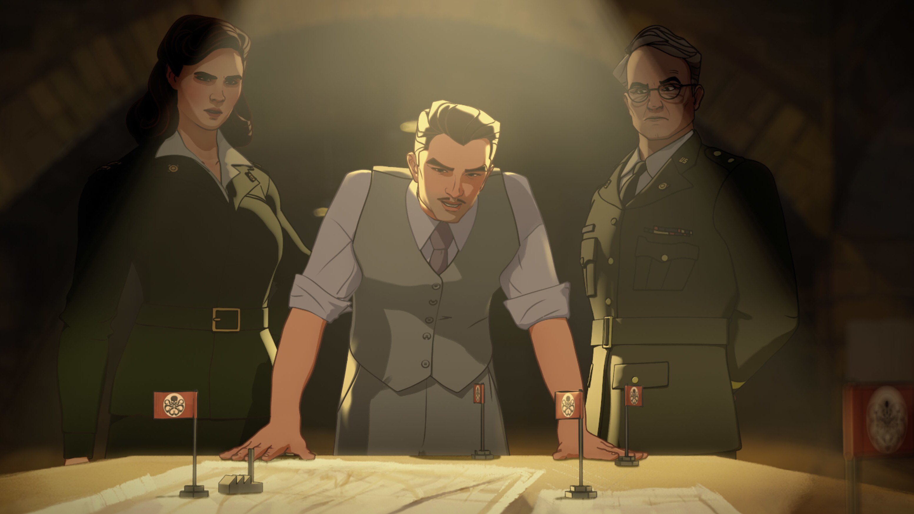 (L-R): Captain Carter/Peggy Carter, Howard Stark and Colonel Flynn in Marvel Studios' WHAT IF…? exclusively on Disney+. ©Marvel Studios 2021. All Rights Reserved.