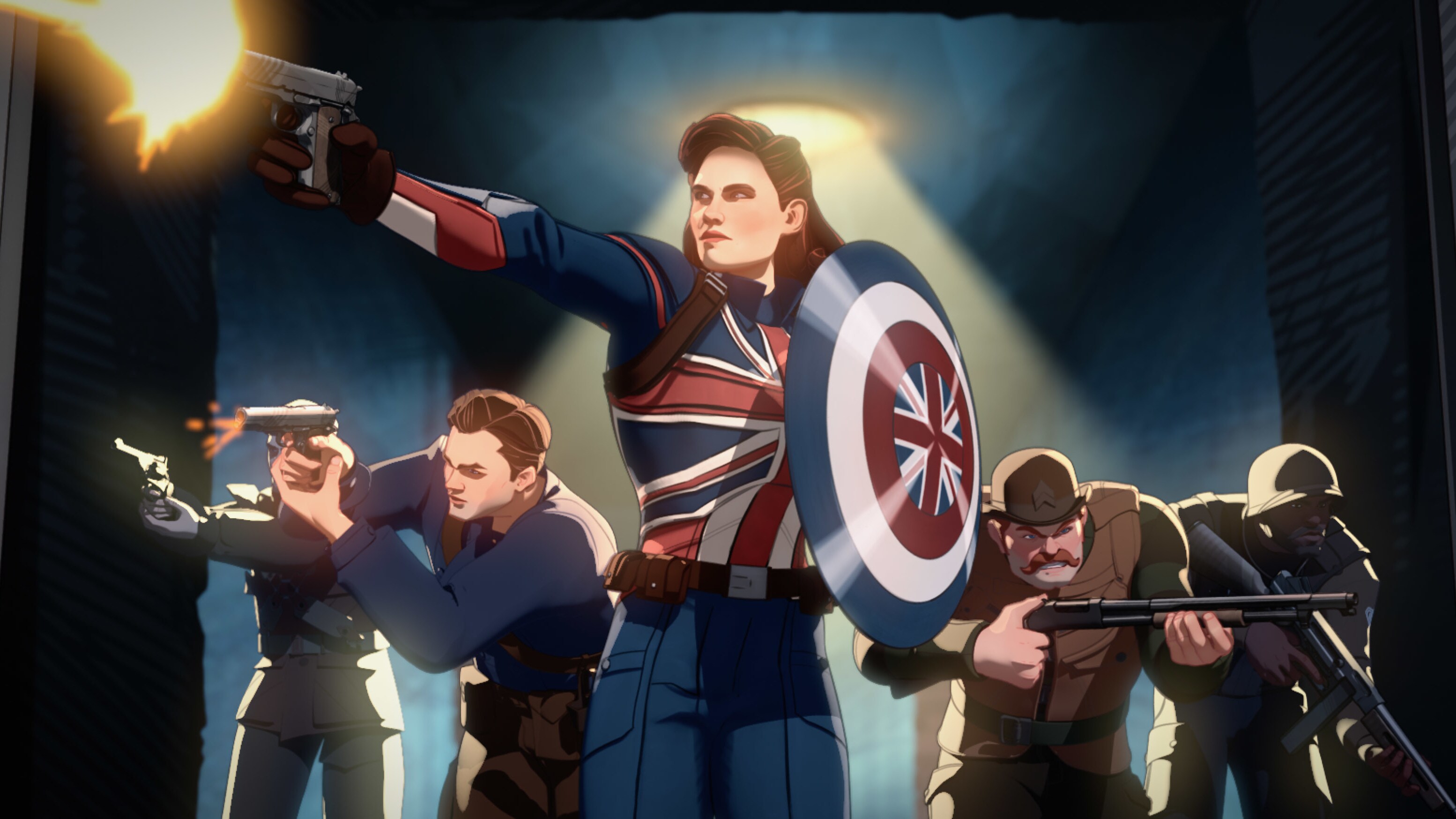 Captain Carter (center) and the Howling Commandos in Marvel Studios' WHAT IF…? exclusively on Disney+. ©Marvel Studios 2021. All Rights Reserved.