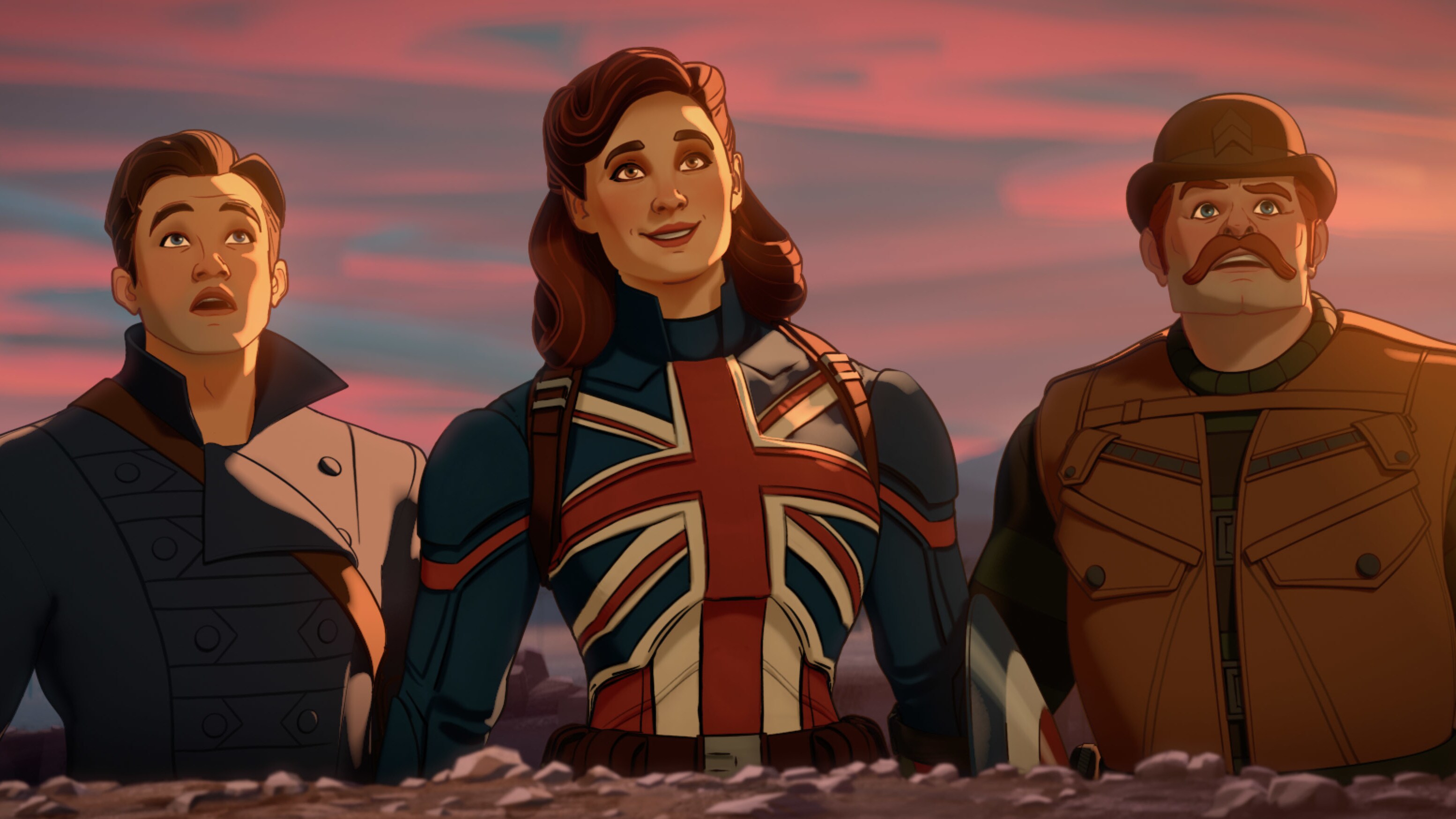 (L-R): Bucky Barnes, Captain Carter/Peggy Carter and Dum Dum Dugan of the Howling Commandos in Marvel Studios' WHAT IF…? exclusively on Disney+. ©Marvel Studios 2021. All Rights Reserved.