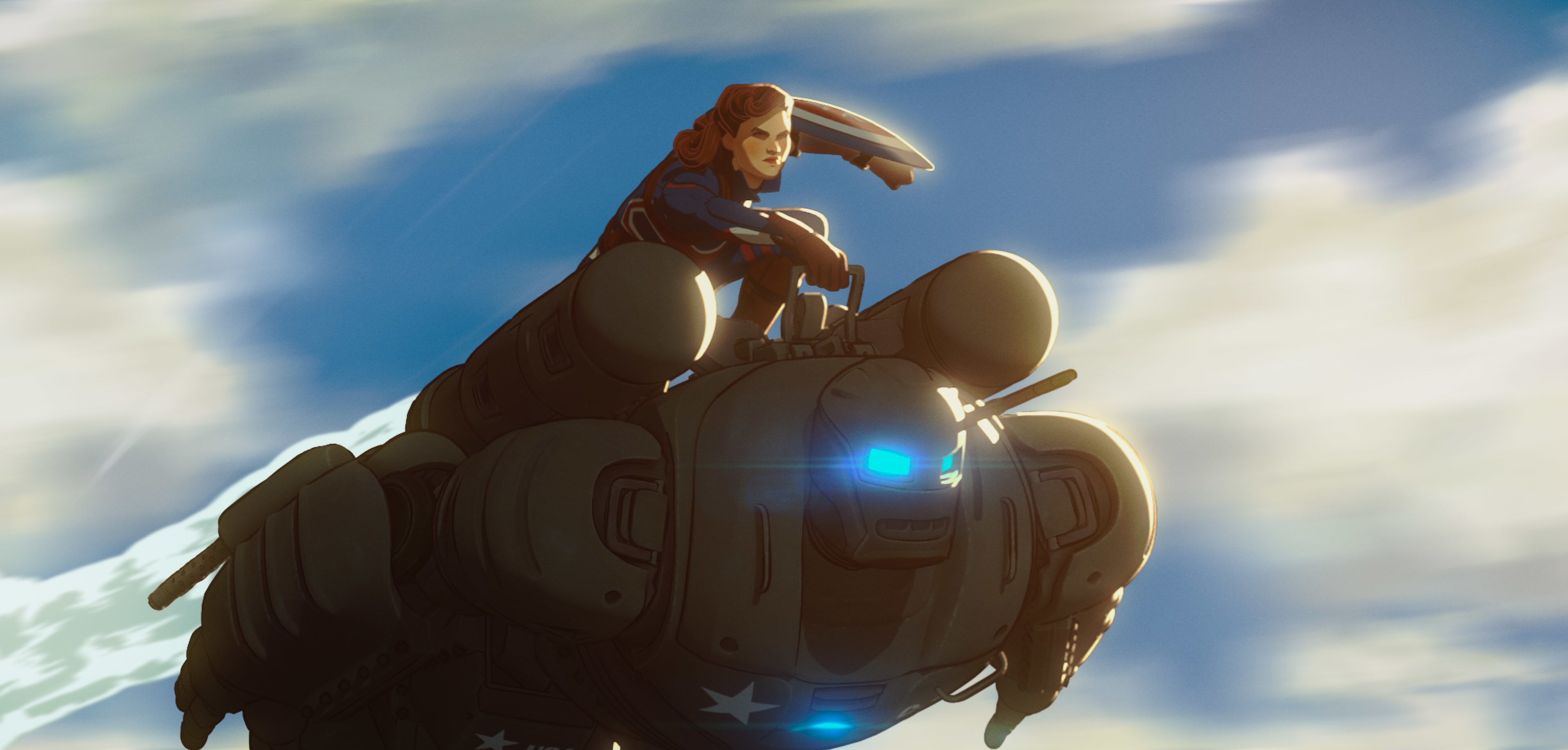 Captain Carter/Peggy Carter and the Hydra Stomper in Marvel Studios' WHAT IF…? exclusively on Disney+. ©Marvel Studios 2021. All Rights Reserved.
