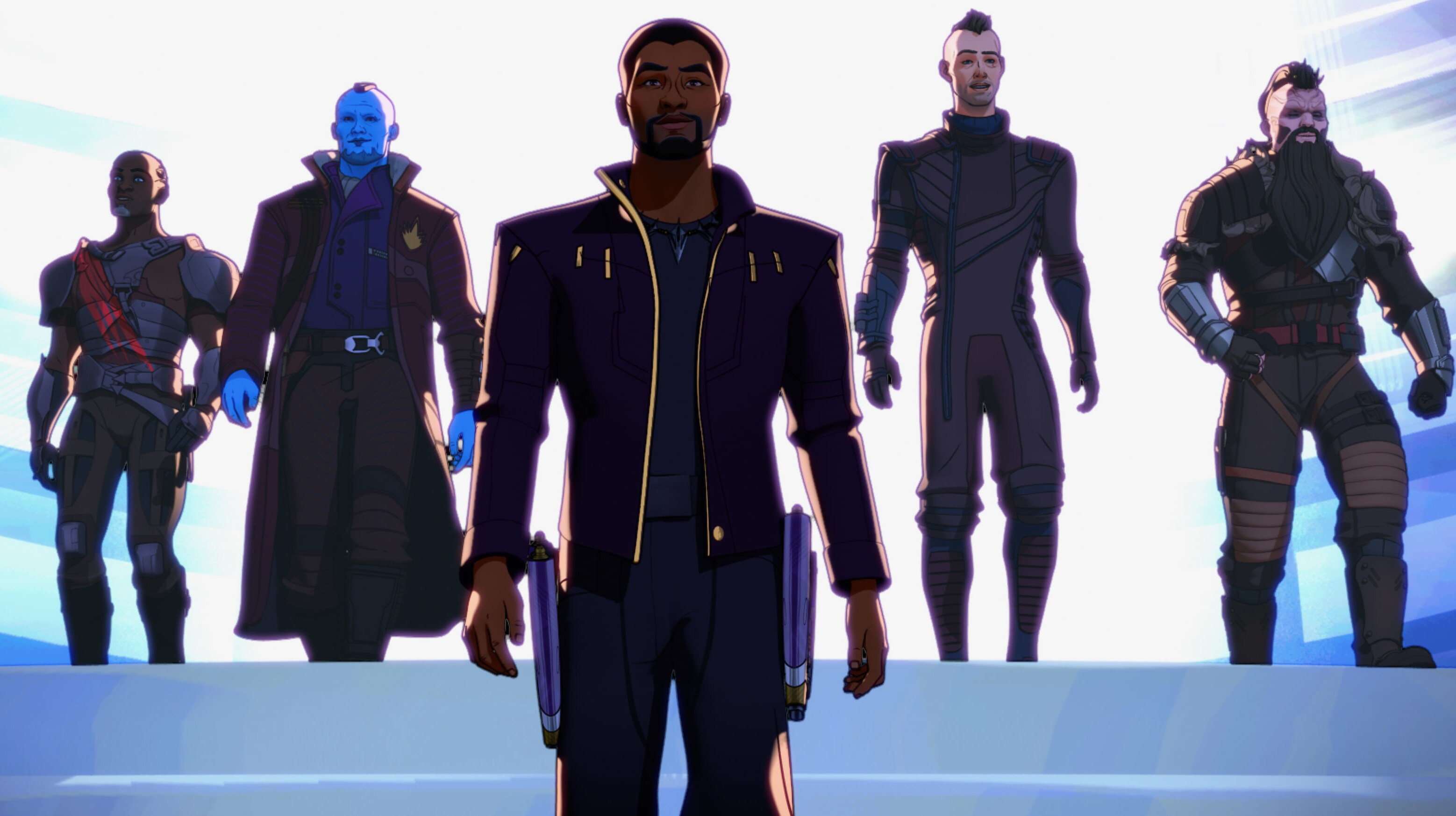 (L-R): Korath, Yondu, T’Challa/Star-Lord, Kraglin and Taserface in Marvel Studios' WHAT IF…? exclusively on Disney+. ©Marvel Studios 2021. All Rights Reserved.