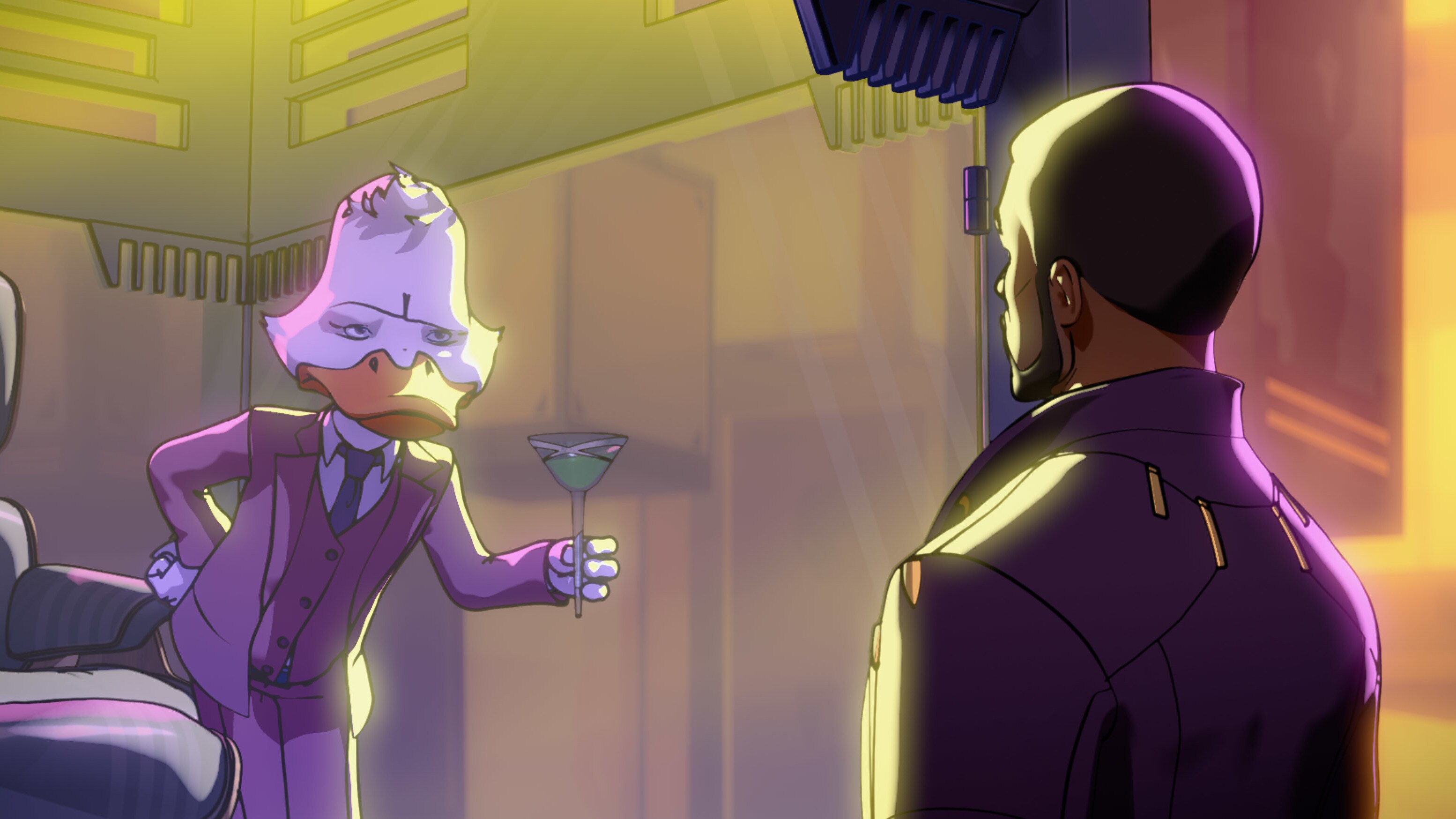 (L-R): Howard the Duck and T’Challa/Star-Lord in Marvel Studios' WHAT IF…? exclusively on Disney+. ©Marvel Studios 2021. All Rights Reserved.