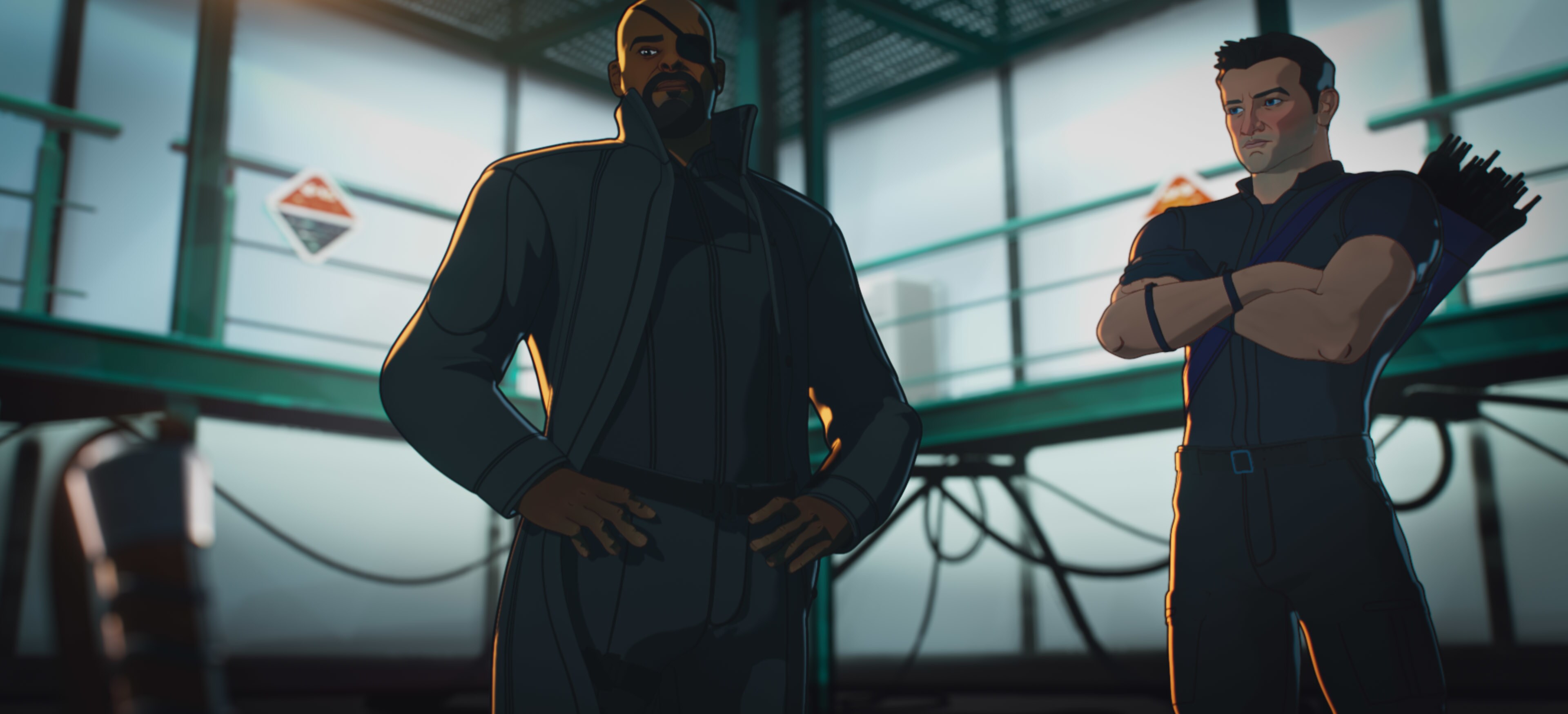 (L-R): Nick Fury and Hawkeye in Marvel Studios' WHAT IF…? exclusively on Disney+. ©Marvel Studios 2021. All Rights Reserved.
