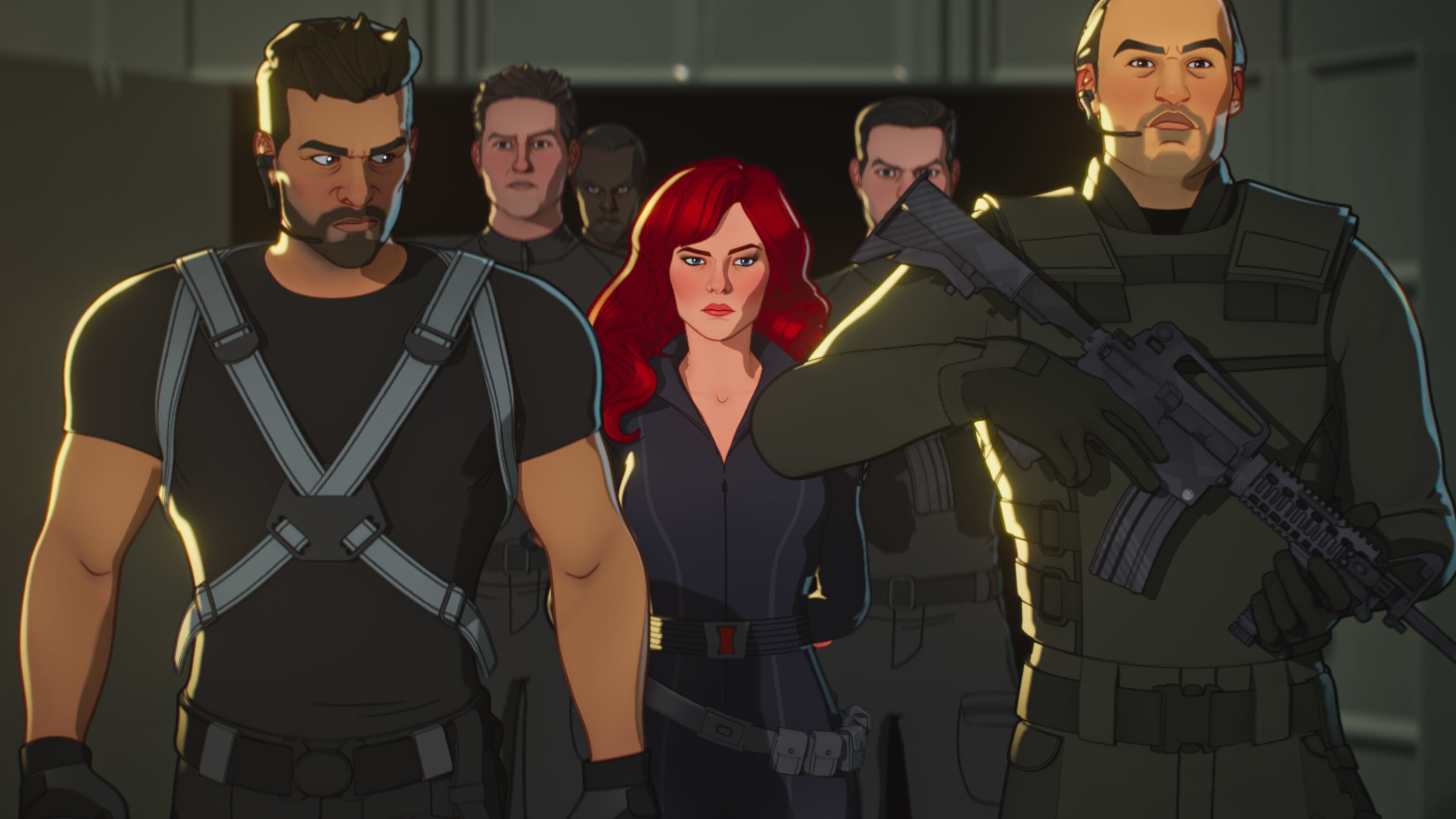 (Far left): Brock Rumlow and (center) Black Widow/Natasha Romanoff in Marvel Studios' WHAT IF…? exclusively on Disney+. ©Marvel Studios 2021. All Rights Reserved.