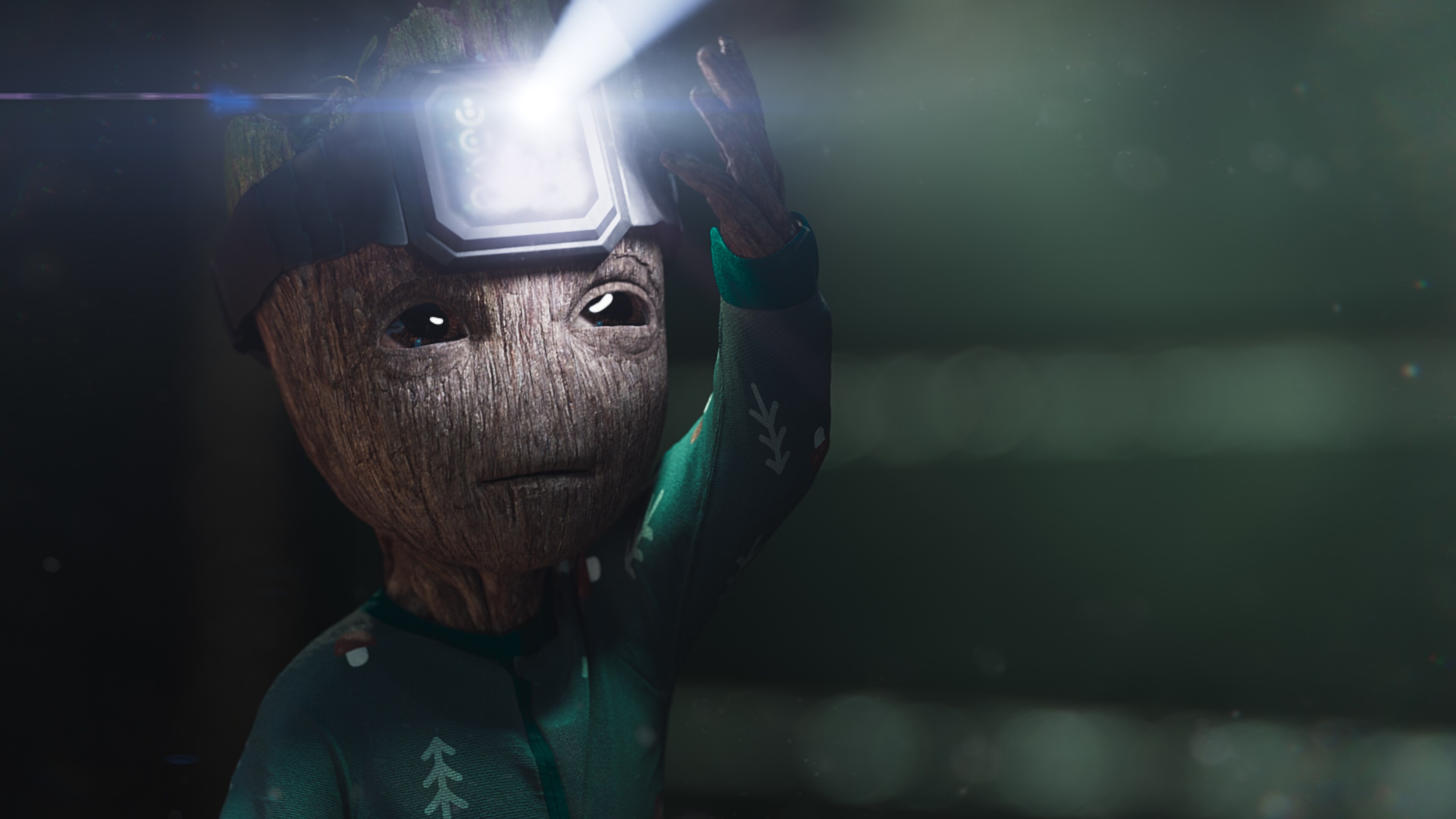 Groot wearing a head torch.
