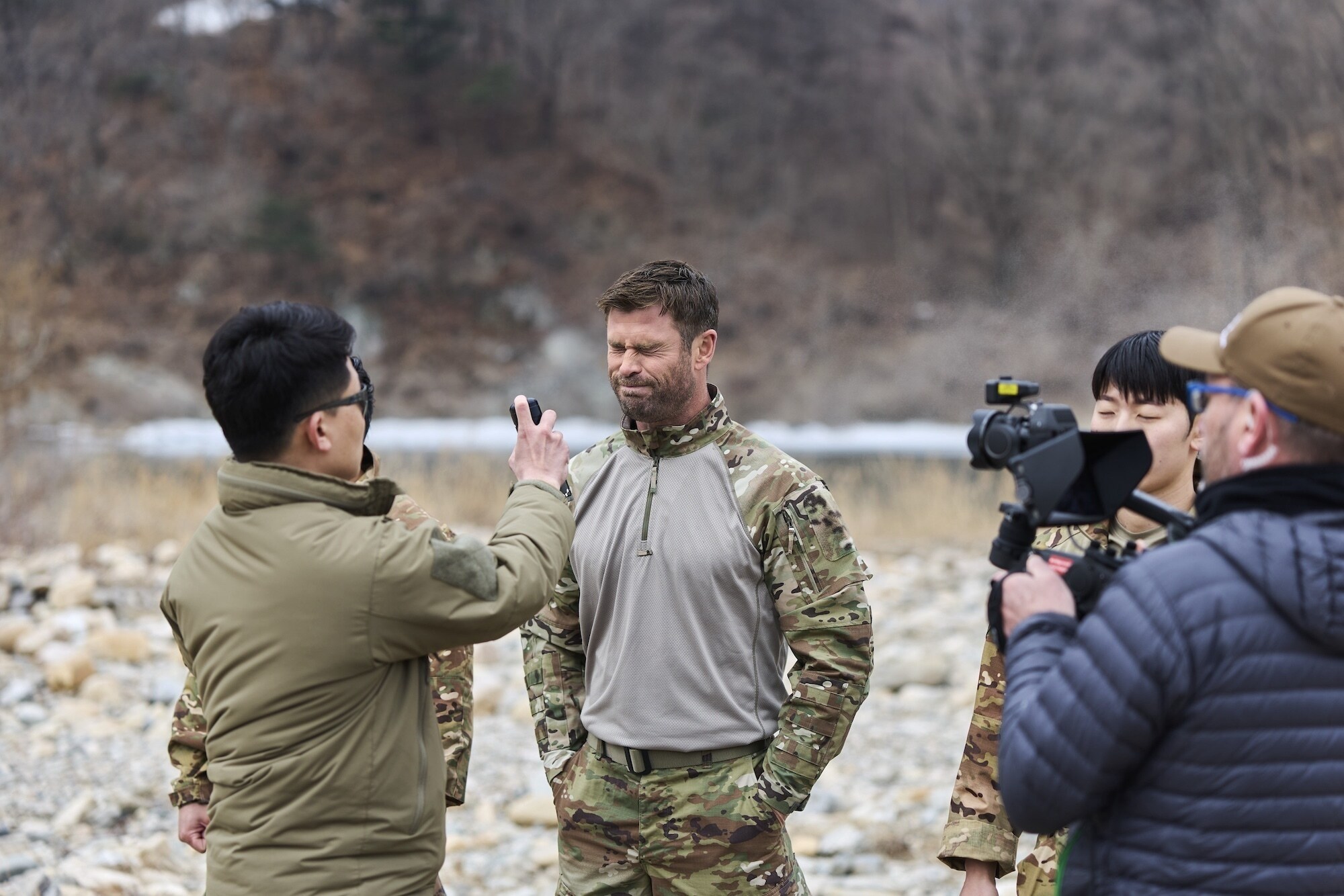 Chris Hemsworth is sprayed in the face by mace as he sets out to confront his chronic pain in a bold, immersive journey through South Korea.  (credit: National Geographic/Evan Paterakis)