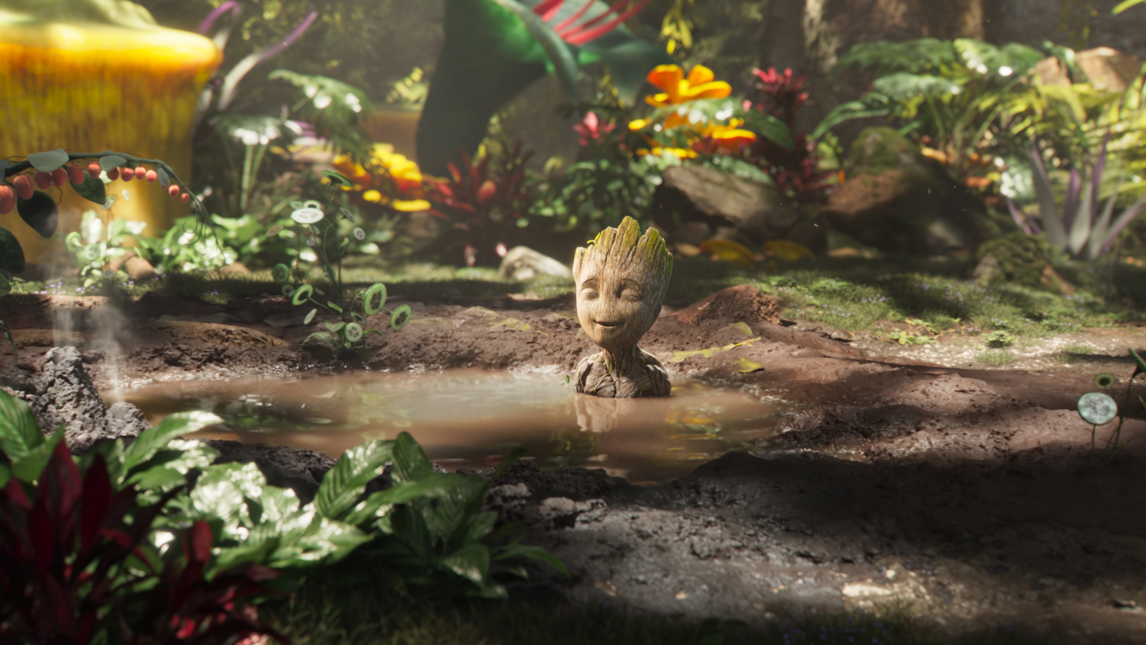 Groot relaxing in a puddle.