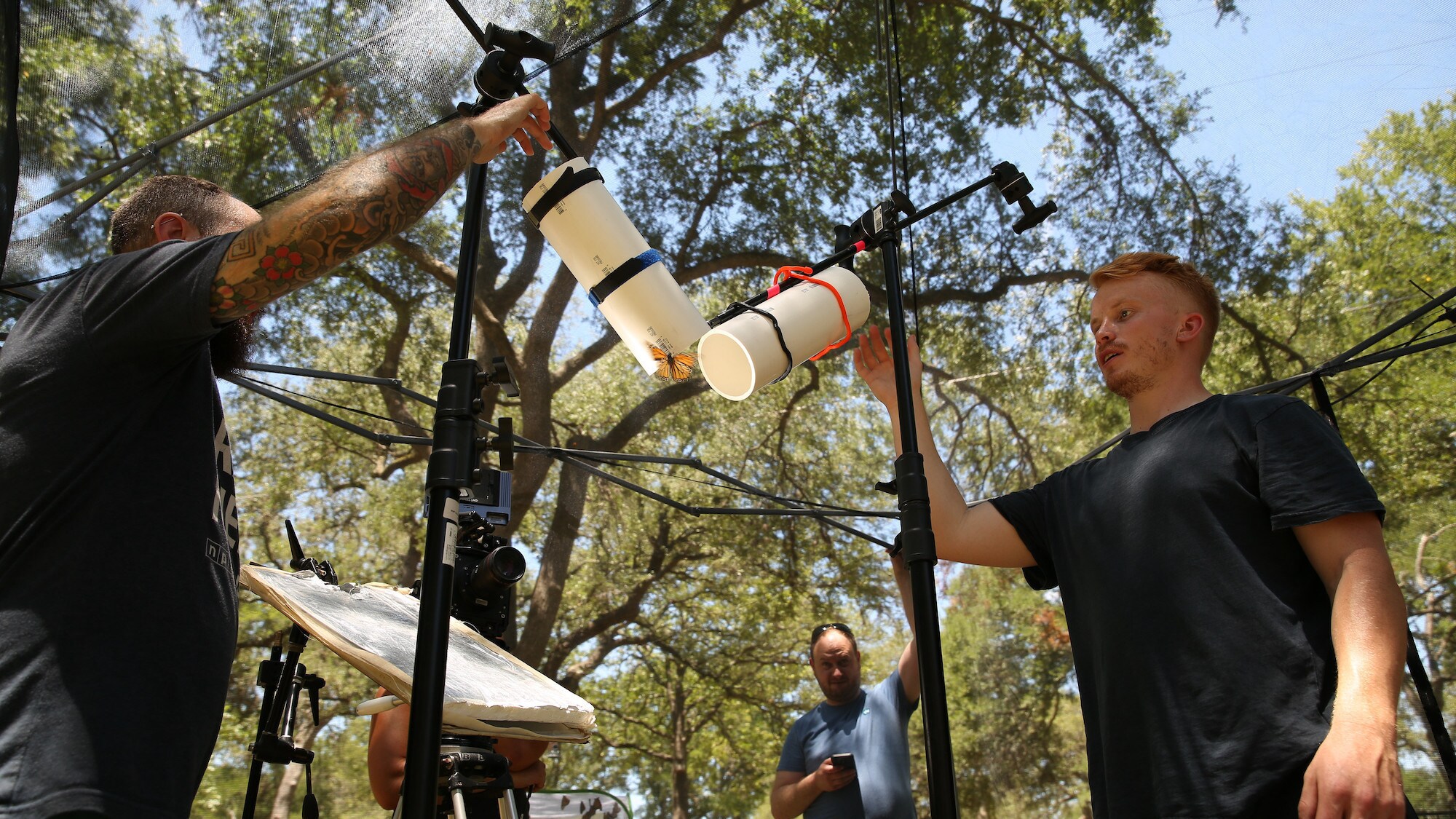 Doyle and Matt Langbehn and assistant Alex Jones attempt to drop butterflies through tubes designed to help male and female butterflies lock together at the ends of their abdomens, stay attached and drop down while filming the "Braving the Backyard" episode of "A Real Bug's Life" in Austin, Texas. Photo Director Alex Hemingway observes in the background. (National Geographic/Fernanda Prudencio)