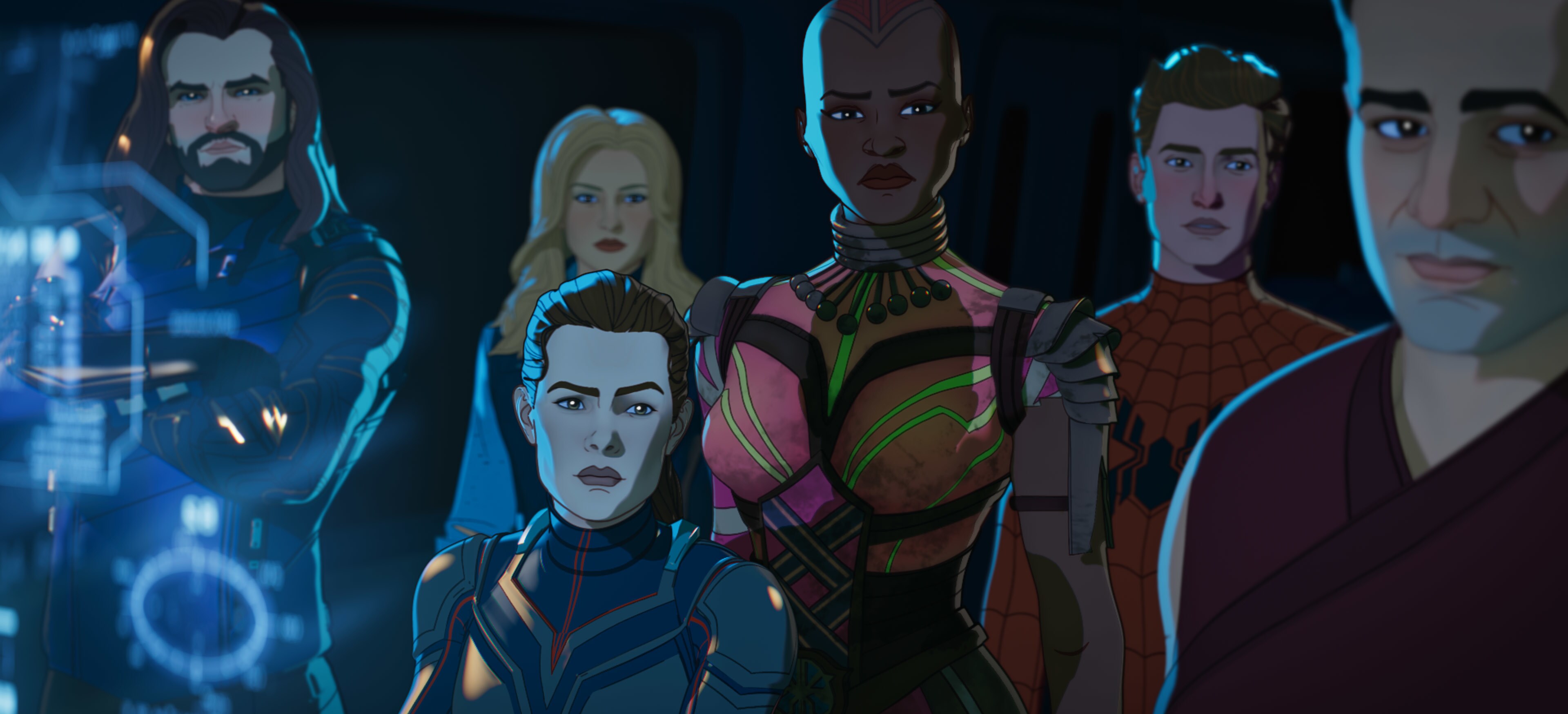 (L-R): Bucky Barnes, Sharon Carter, The Wasp/Hope Van Dyne, Okoye, Zombie Hunter Spider-Man/Peter Parker and Bruce Banner in Marvel Studios' WHAT IF…? exclusively on Disney+. ©Marvel Studios 2021. All Rights Reserved.