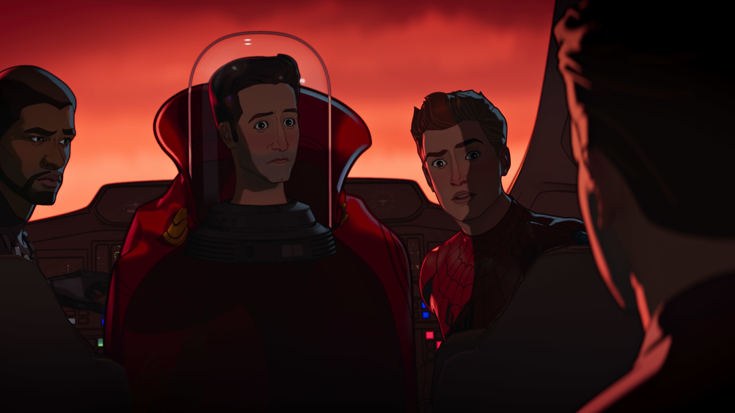 (L-R): T’Challa, Cloak of Levitation, Scott Lang, Zombie Hunter Spider-Man/Peter Parker and Bruce Banner in Marvel Studios' WHAT IF…? exclusively on Disney+. ©Marvel Studios 2021. All Rights Reserved.