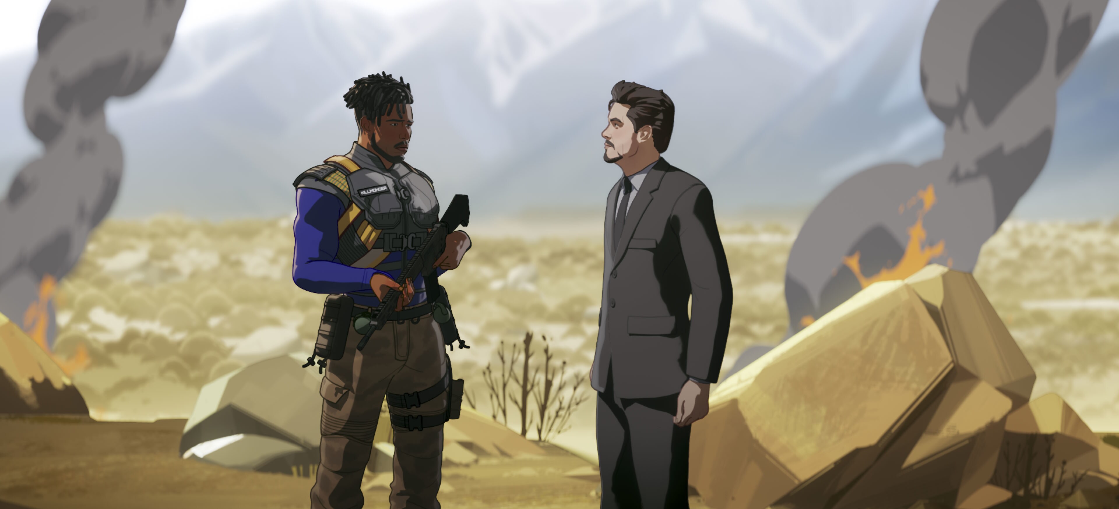 Killmonger and Tony Stark in Marvel Studios' WHAT IF…? exclusively on Disney+. ©Marvel Studios 2021. All Rights Reserved.