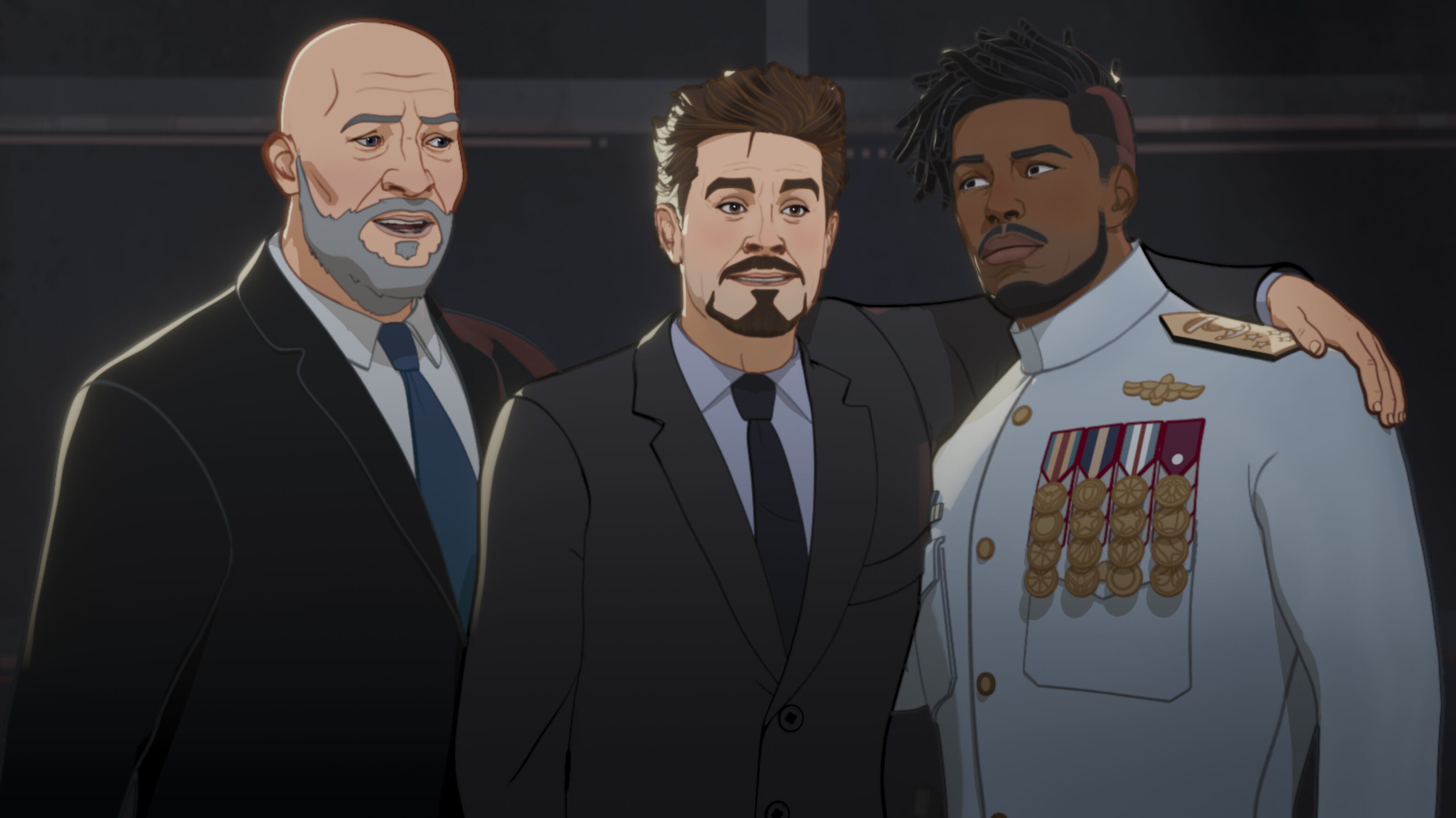 Obadiah Stane, Tony Stark, and Killmonger in Marvel Studios' WHAT IF…? exclusively on Disney+. ©Marvel Studios 2021. All Rights Reserved.