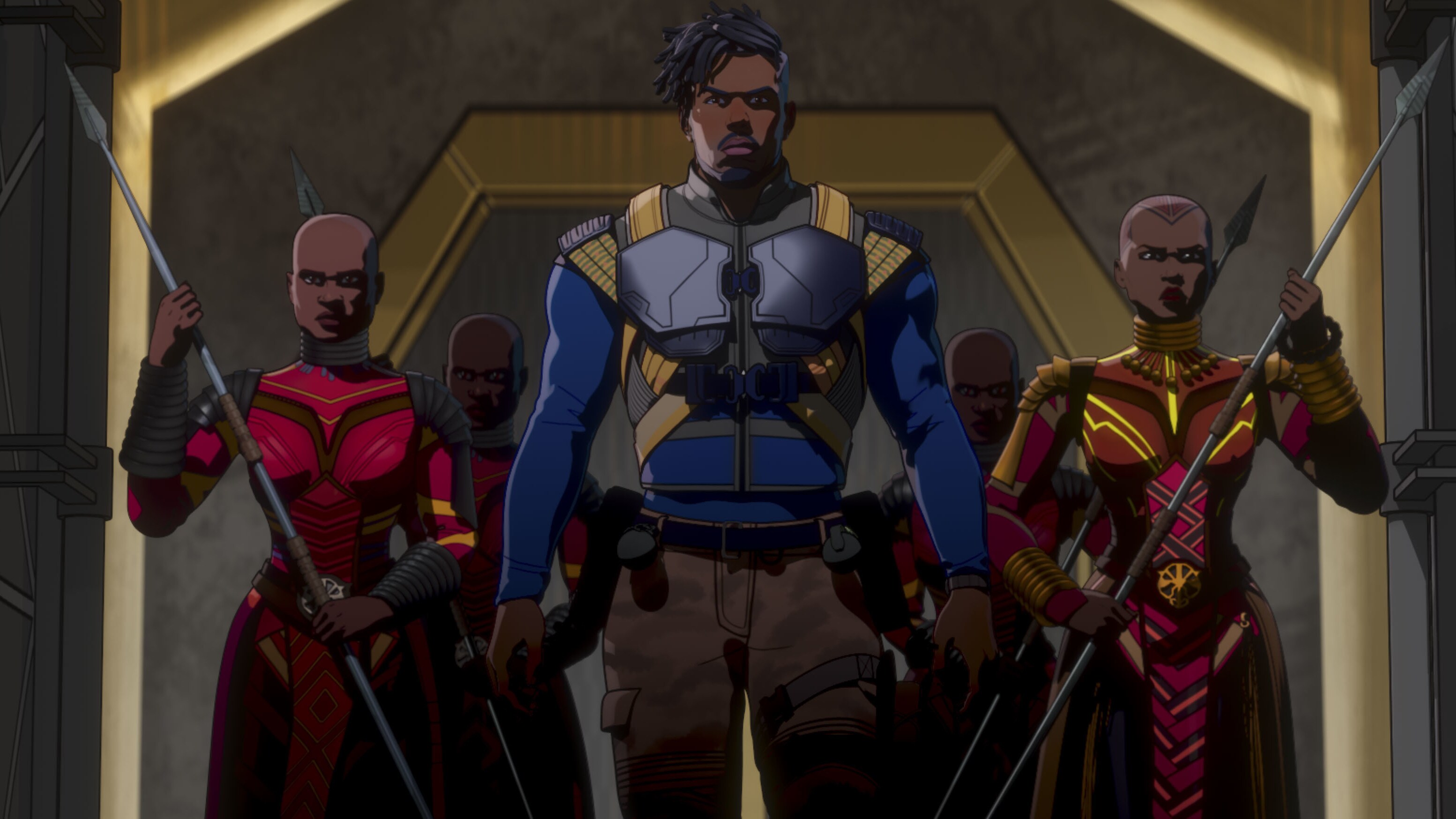 Killmonger and the Dora Milaje in Marvel Studios' WHAT IF…? exclusively on Disney+. ©Marvel Studios 2021. All Rights Reserved.