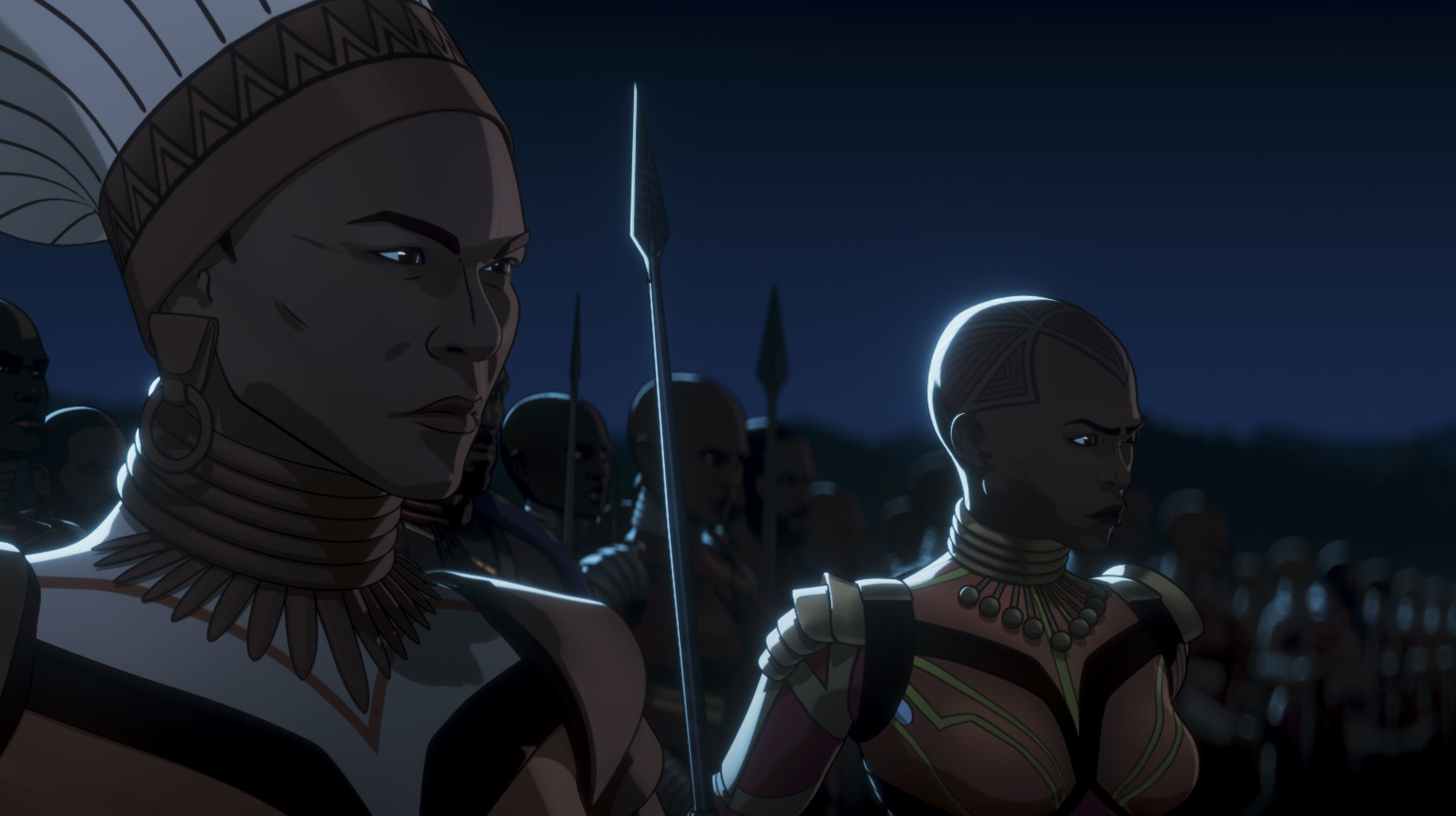 Queen General Ramonda, Okoye, and the Dora Milaje in Marvel Studios' WHAT IF…? exclusively on Disney+. ©Marvel Studios 2021. All Rights Reserved.