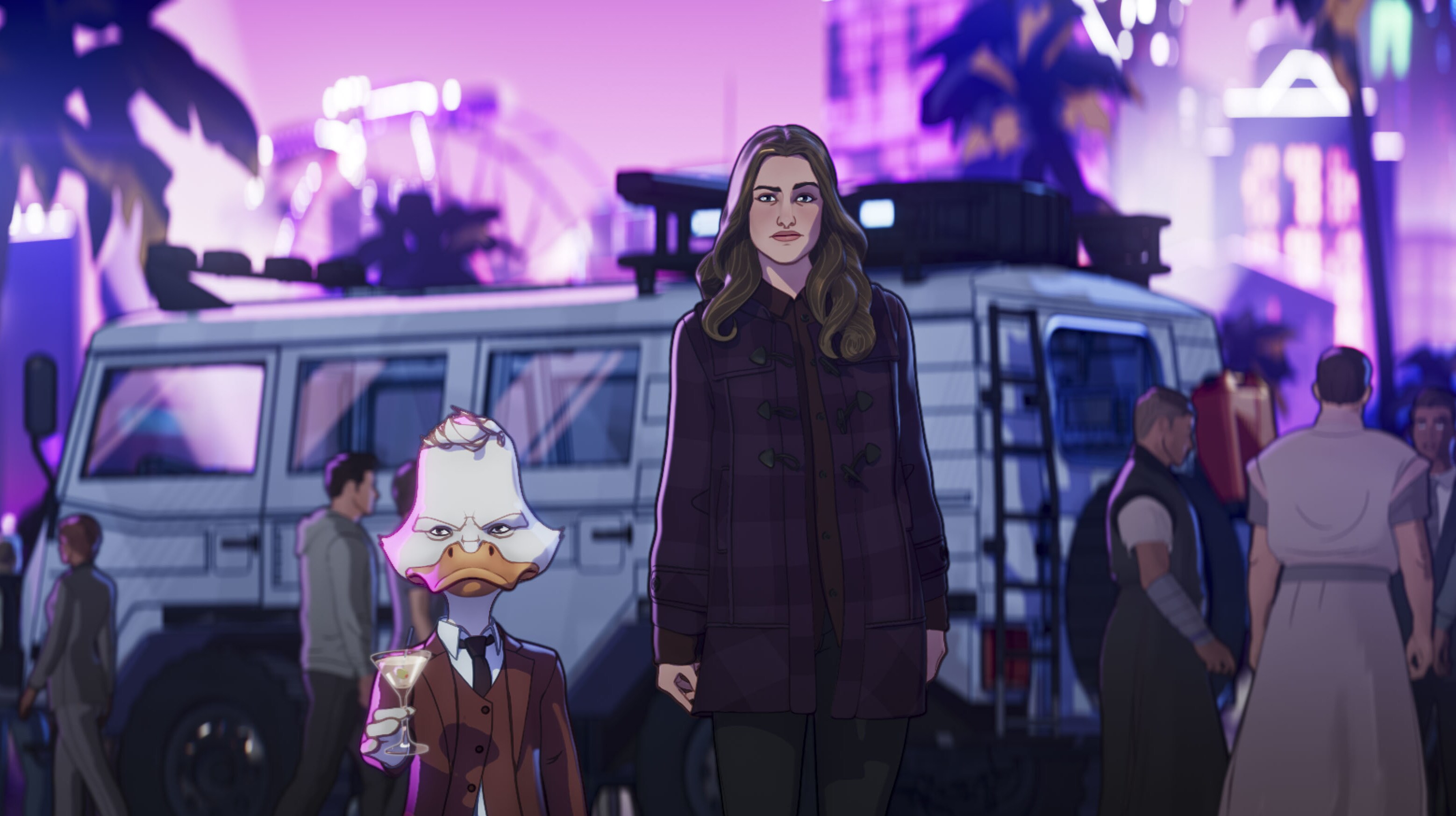 Howard the Duck and Darcy in Marvel Studios' WHAT IF…? exclusively on Disney+. ©Marvel Studios 2021. All Rights Reserved.