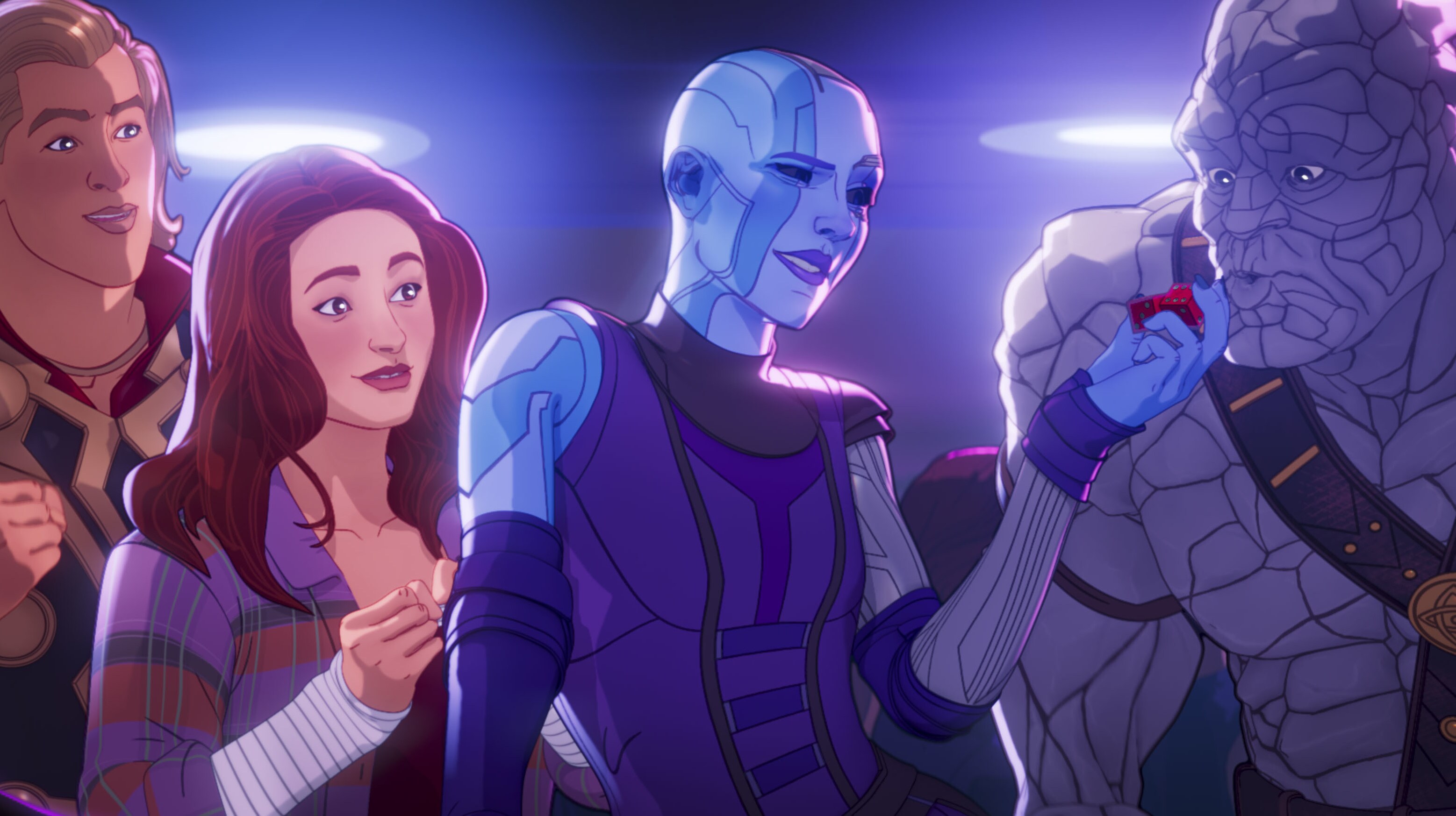 Party Thor, Jane Foster Nebula, and Korg in Marvel Studios' WHAT IF…? exclusively on Disney+. ©Marvel Studios 2021. All Rights Reserved.