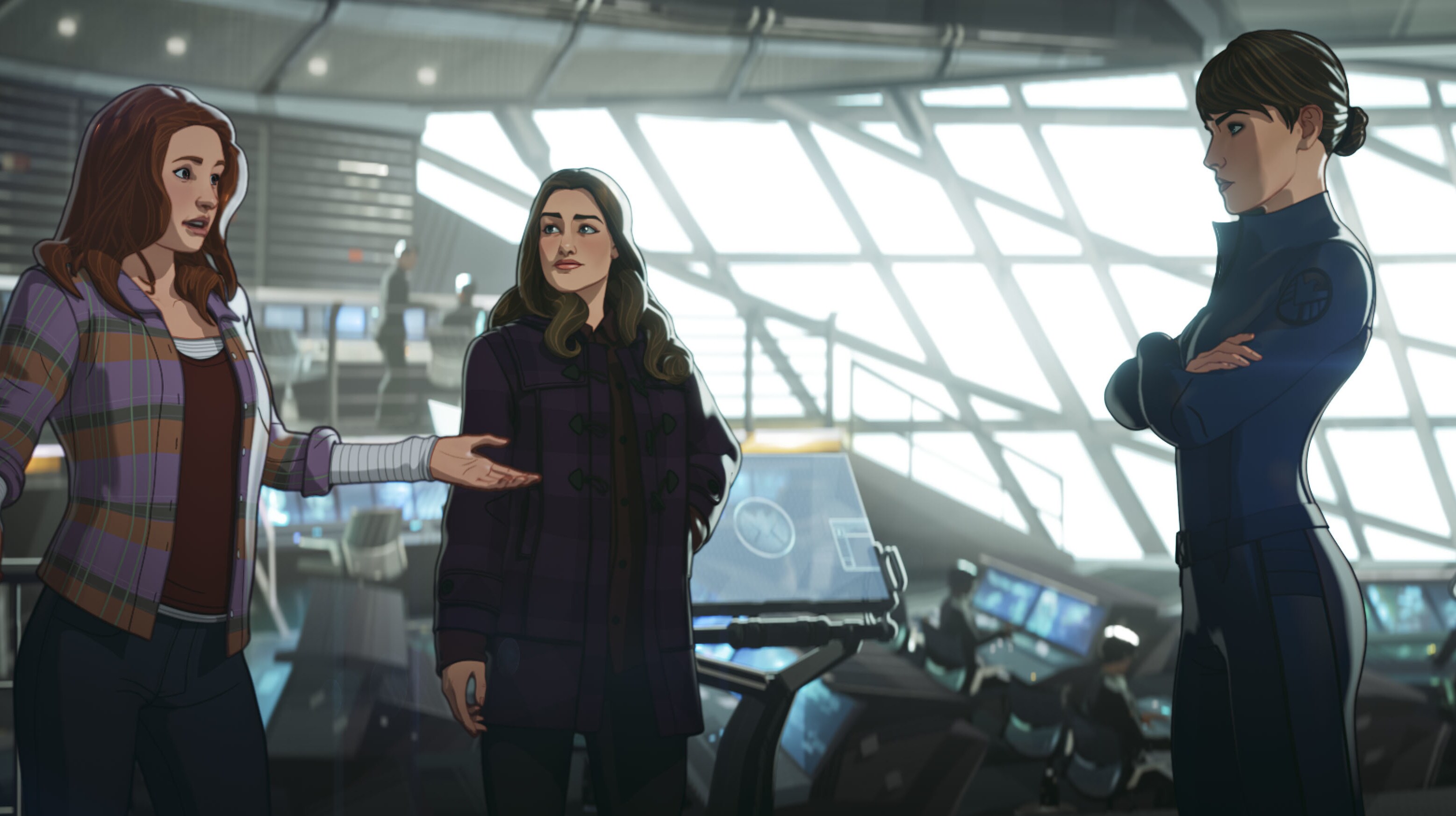 Jane Foster, Darcy, and Maria Hill in Marvel Studios' WHAT IF…? exclusively on Disney+. ©Marvel Studios 2021. All Rights Reserved.