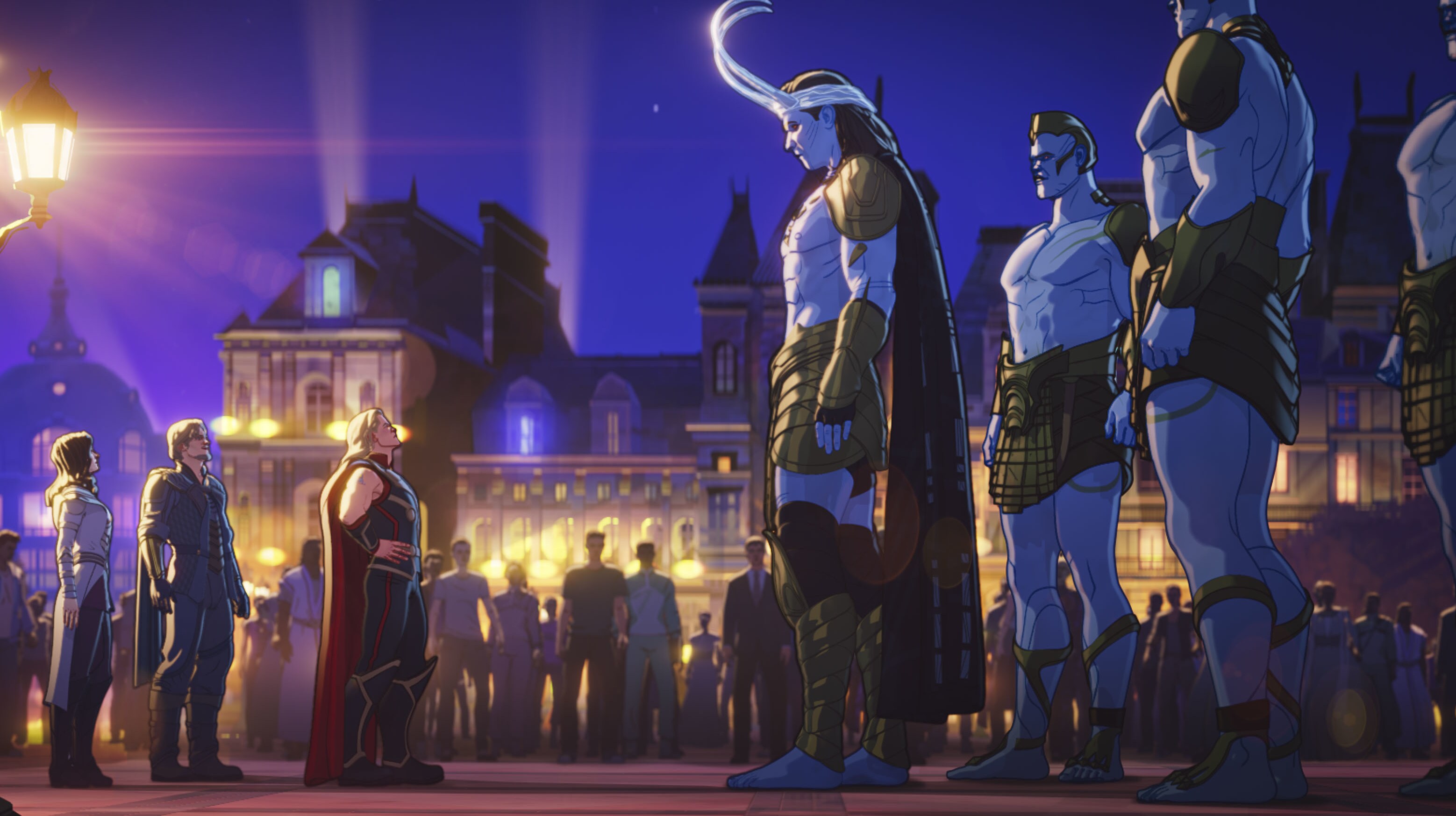 Lady Sif, Fandral, Party Thor, and Frost Giant Loki in Marvel Studios' WHAT IF…? exclusively on Disney+. ©Marvel Studios 2021. All Rights Reserved.