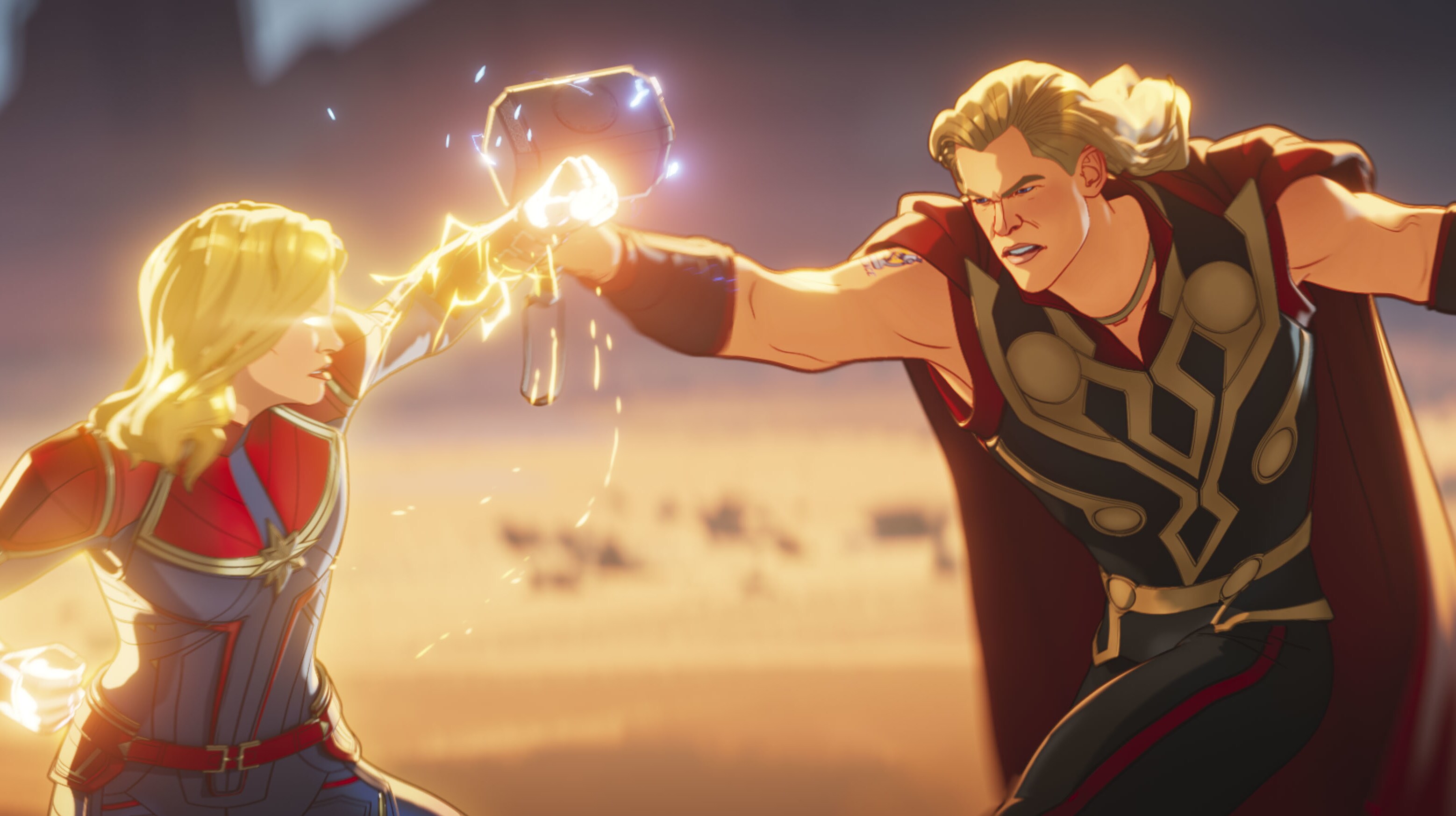 Captain Marvel and Party Thor in Marvel Studios' WHAT IF…? exclusively on Disney+. ©Marvel Studios 2021. All Rights Reserved.