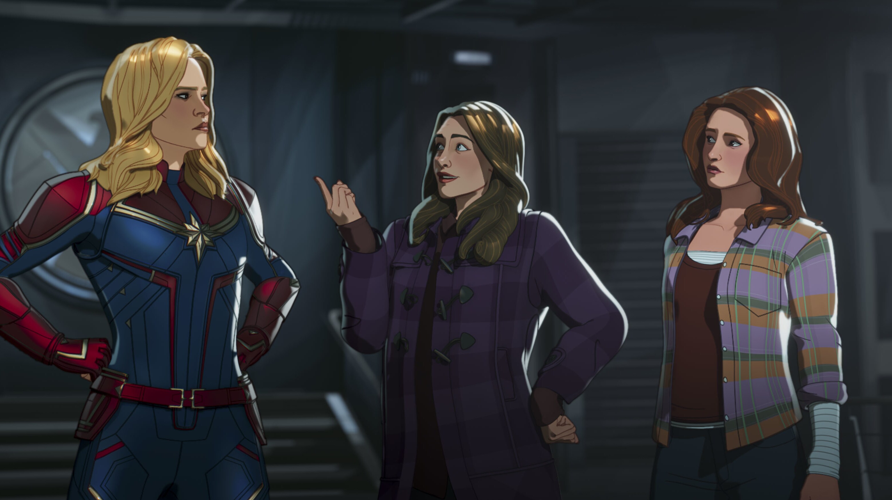 Captain Marvel, Darcy, and Jane Foster in Marvel Studios' WHAT IF…? exclusively on Disney+. ©Marvel Studios 2021. All Rights Reserved.