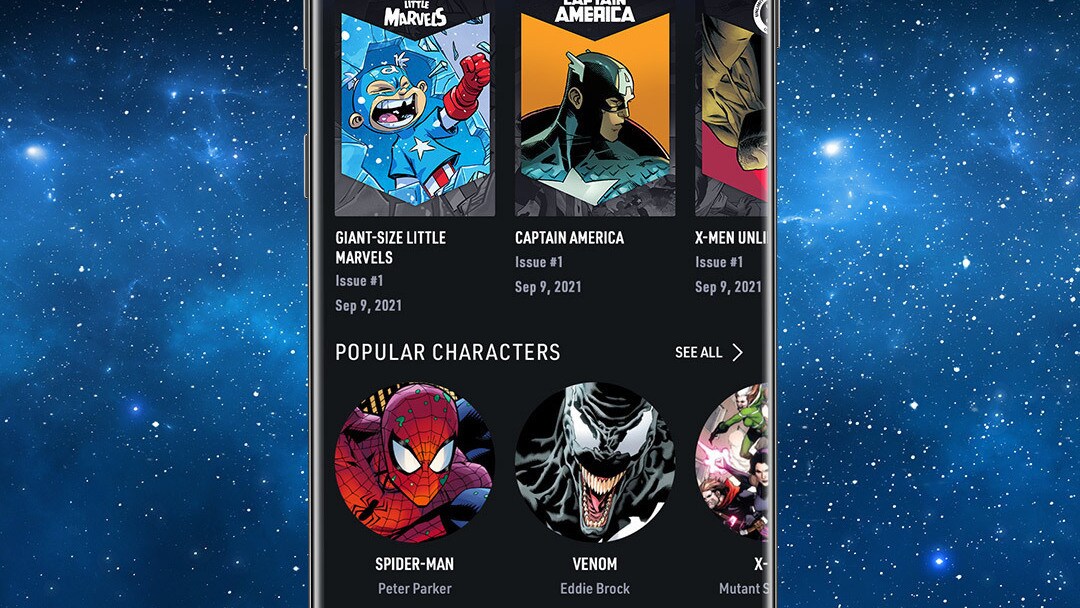 Infinity Comics Carousel App Screen Image on Space Background