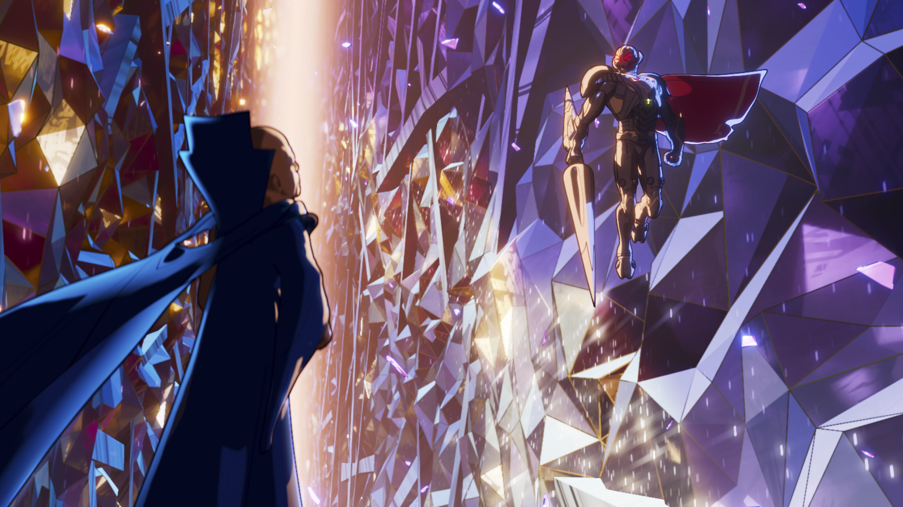 The Watcher (voiced by Jeffrey Wright) and Infinity Ultron in Marvel Studios' WHAT IF...? exclusively on Disney+. ©Marvel Studios 2021. All Rights Reserved.