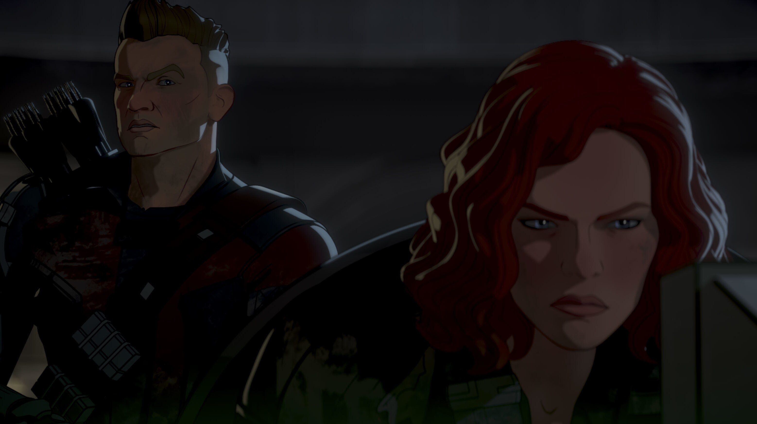 Post-Apocalyptic Hawkeye and Post-Apocalyptic Black Widow in Marvel Studios' WHAT IF...? exclusively on Disney+. ©Marvel Studios 2021. All Rights Reserved.