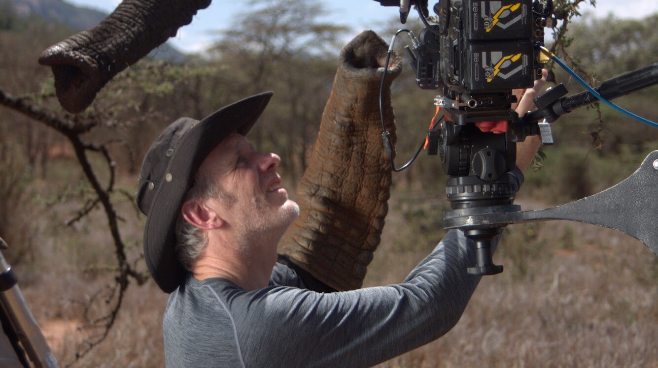 Series Director Nat Sharman holds an artificial elephant trunk with the habituated elephant (Loxodonta africana) above him, as the crew tries to get the elephant close enough to the camera to see ants crawling onto the trunk tip at the Mpala Research station, Laikipia, Kenya for the "Land of Giants" episode of "A Real Bug's Life." (National Geographic/Rob Harvey)