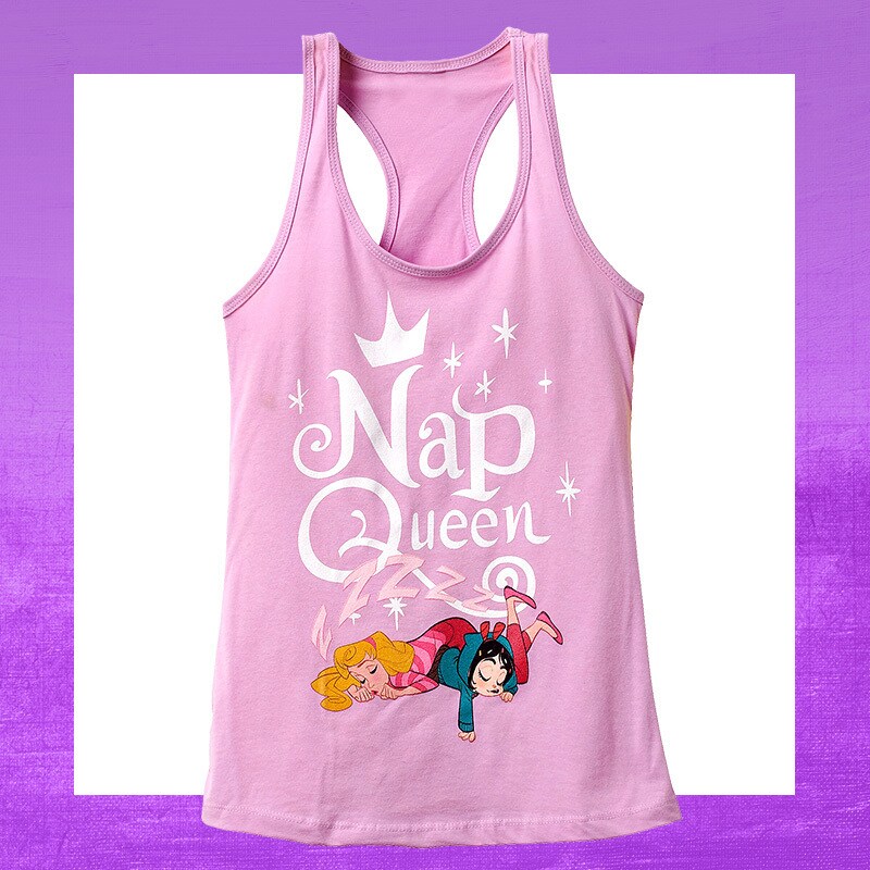 "Nap Queen" Princess Aurora and Vanellope print on a pink vest