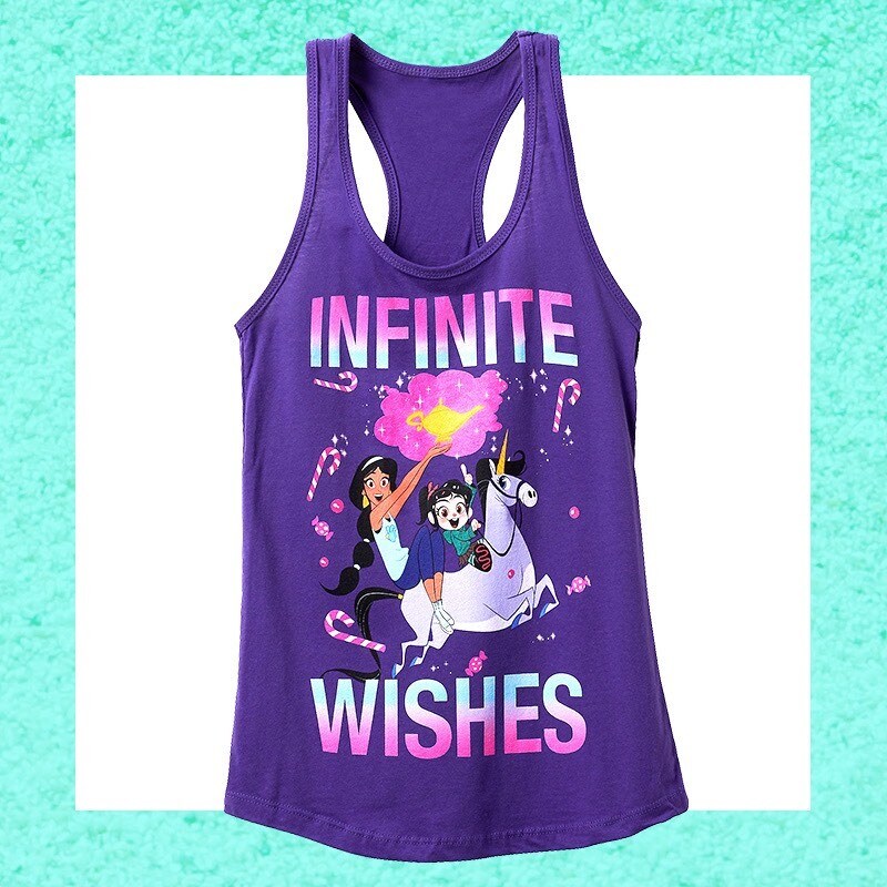 "Infinite Wishes" Princess Jasmine and Vanellope on a unicorn, printed on a purple vest