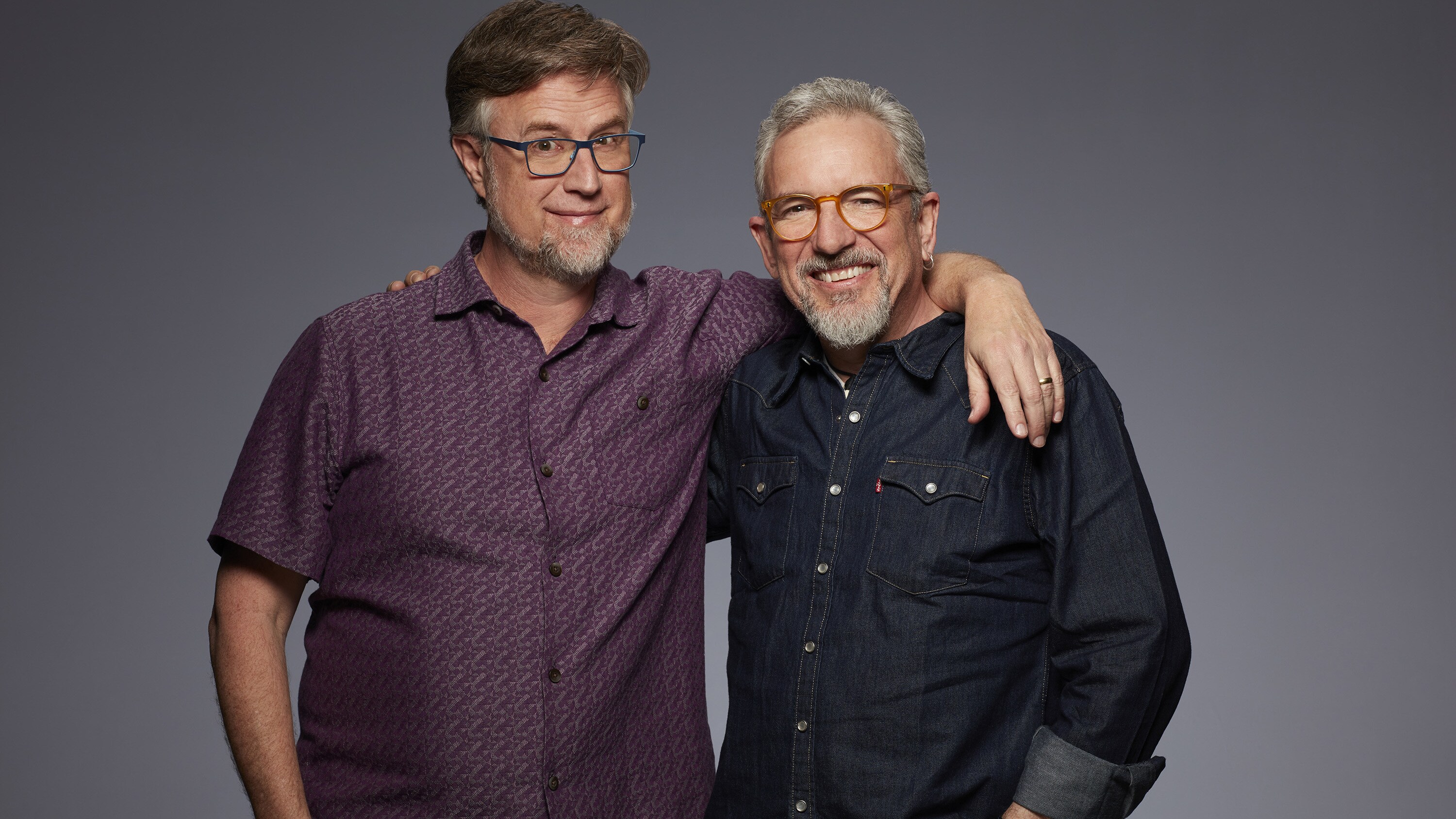 Dan Povenmire and Jeff "Swampy" Marsh, Creators/Executive Producers of Disney's "Phineas and Ferb The Movie: Candace Against The Universe". (Disney+/Craig Sjodin)