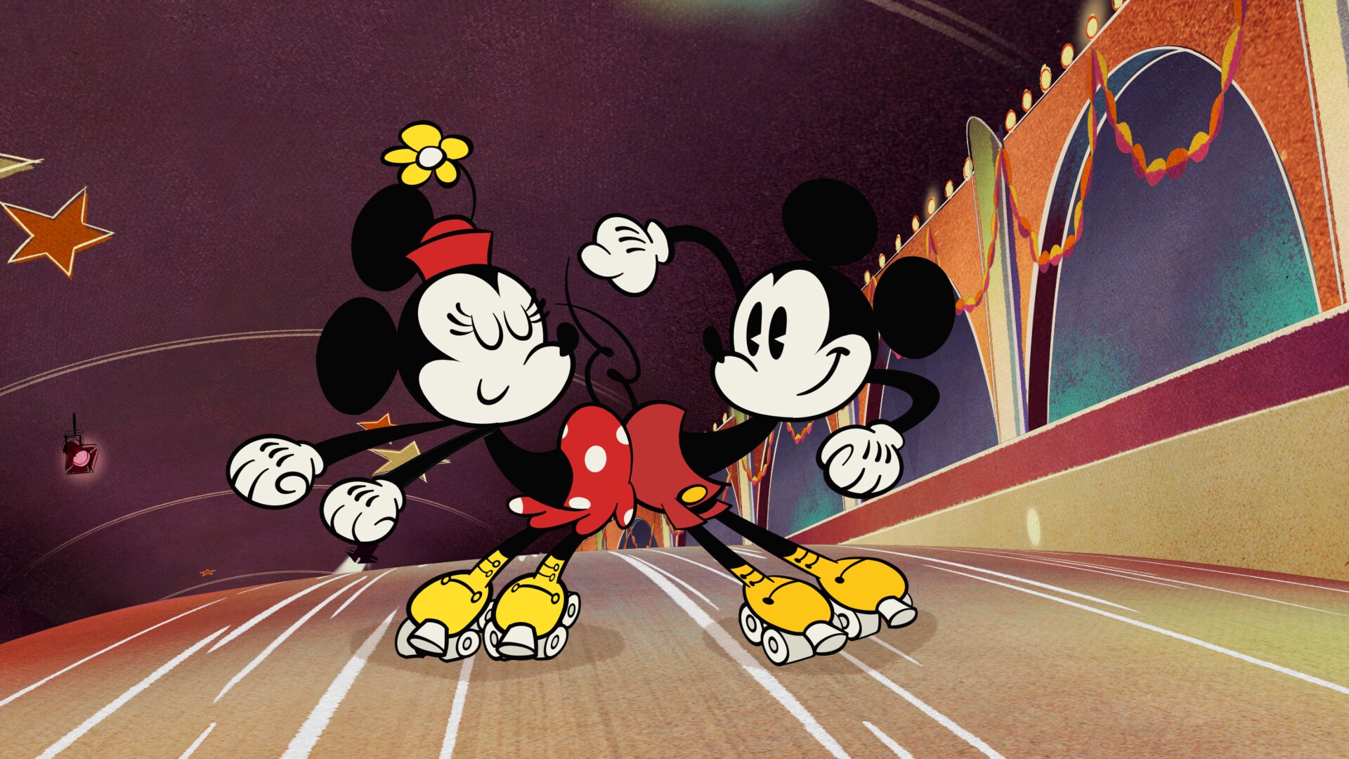 THE WONDERFUL WORLD OF MICKEY MOUSE - "Keep on Rollin" - Mickey and his friends' disco night at the roller rink is placed in peril when Peg-Leg Pete and his gang crash the party and ruin the fun. (Disney+) MINNIE MOUSE, MICKEY MOUSE