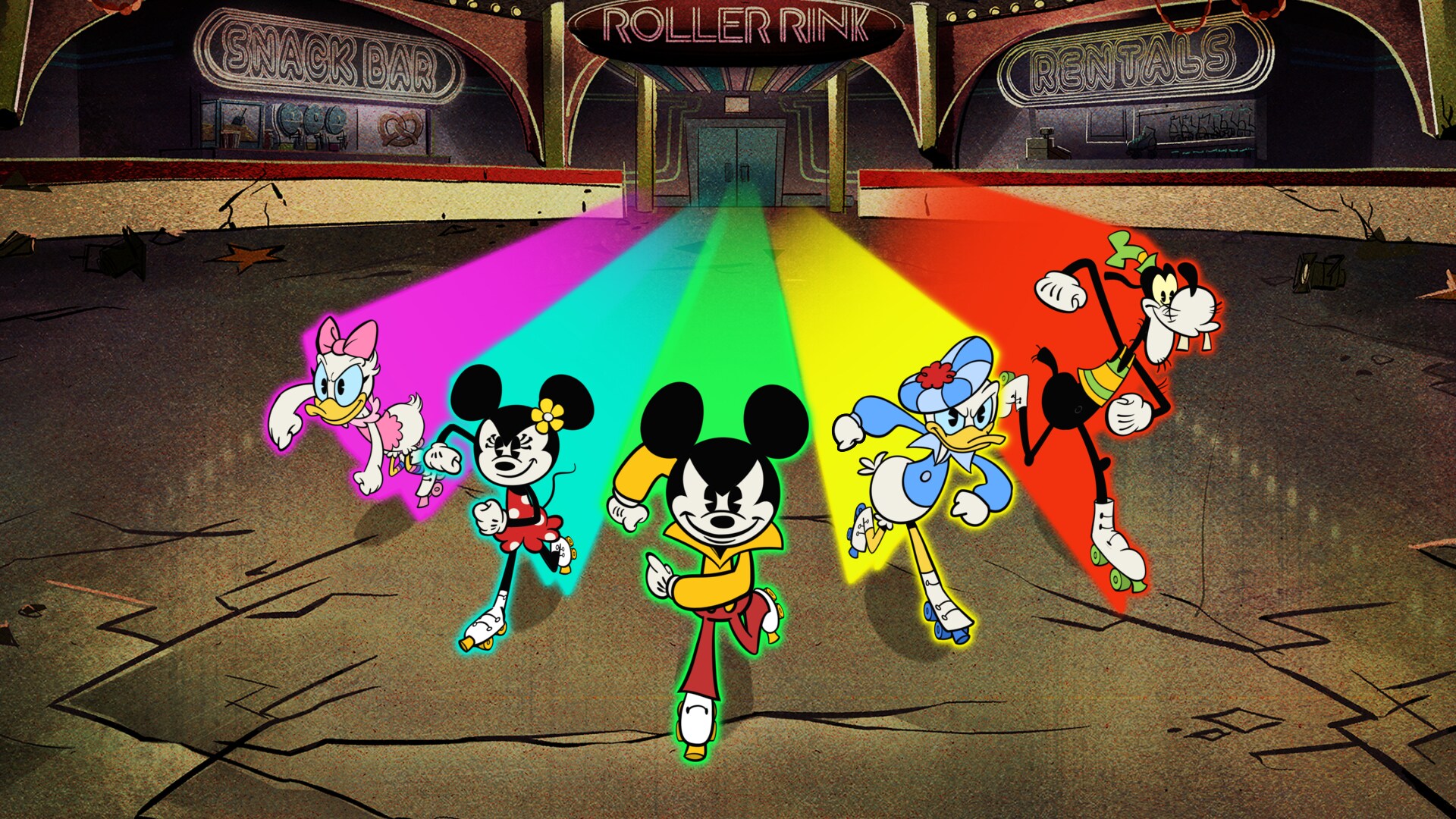 THE WONDERFUL WORLD OF MICKEY MOUSE - "Keep on Rollin" - Mickey and his friends' disco night at the roller rink is placed in peril when Peg-Leg Pete and his gang crash the party and ruin the fun. (Disney+) DAISY DUCK, MINNIE MOUSE, MICKEY MOUSE, DONALD DUCK, GOOFY