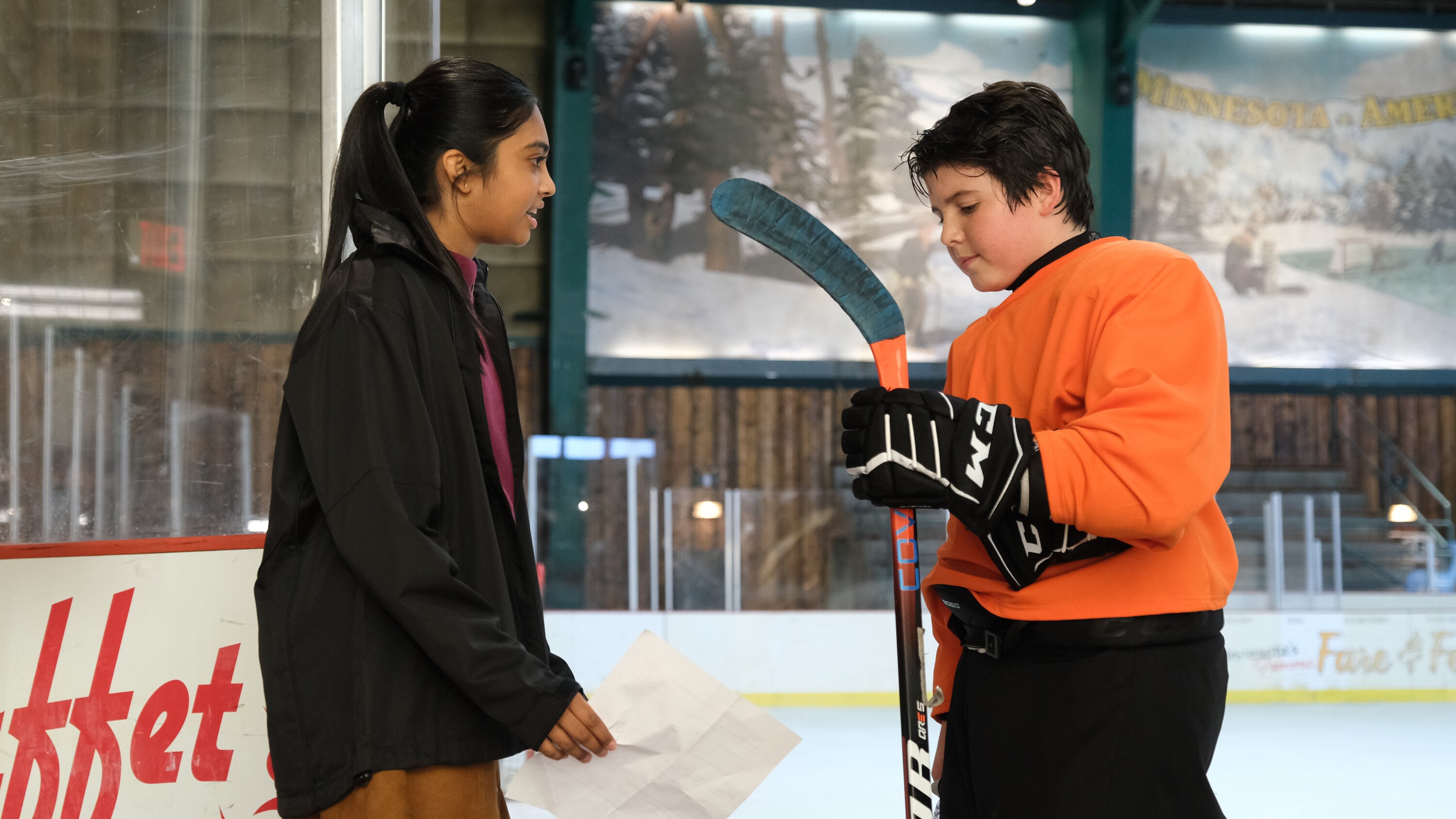 THE MIGHTY DUCKS: GAME CHANGERS - "Breakaway" - Alex tries to be a real coach, Evan recruits Sofi, and the team gets unexpected help...from Bombay. (Disney/Liane Hentscher) SWAYAM BHATIA, BRADY NOON
