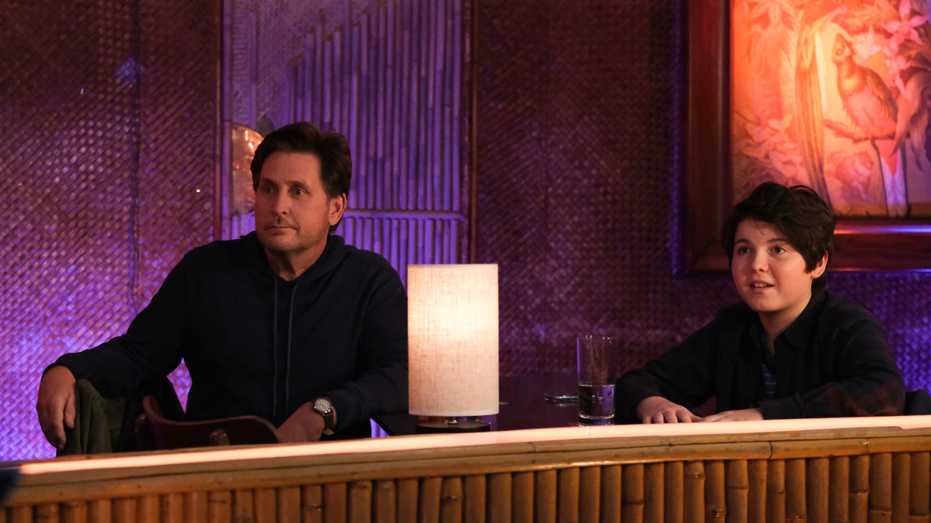 THE MIGHTY DUCKS: GAME CHANGERS - "Cherry Picker" - Evan’s rocker dad unexpectedly shows up, complicating things for Evan, Alex, and even Bombay. (Disney/Liane Hentscher) EMILIO ESTEVEZ, BRADY NOON