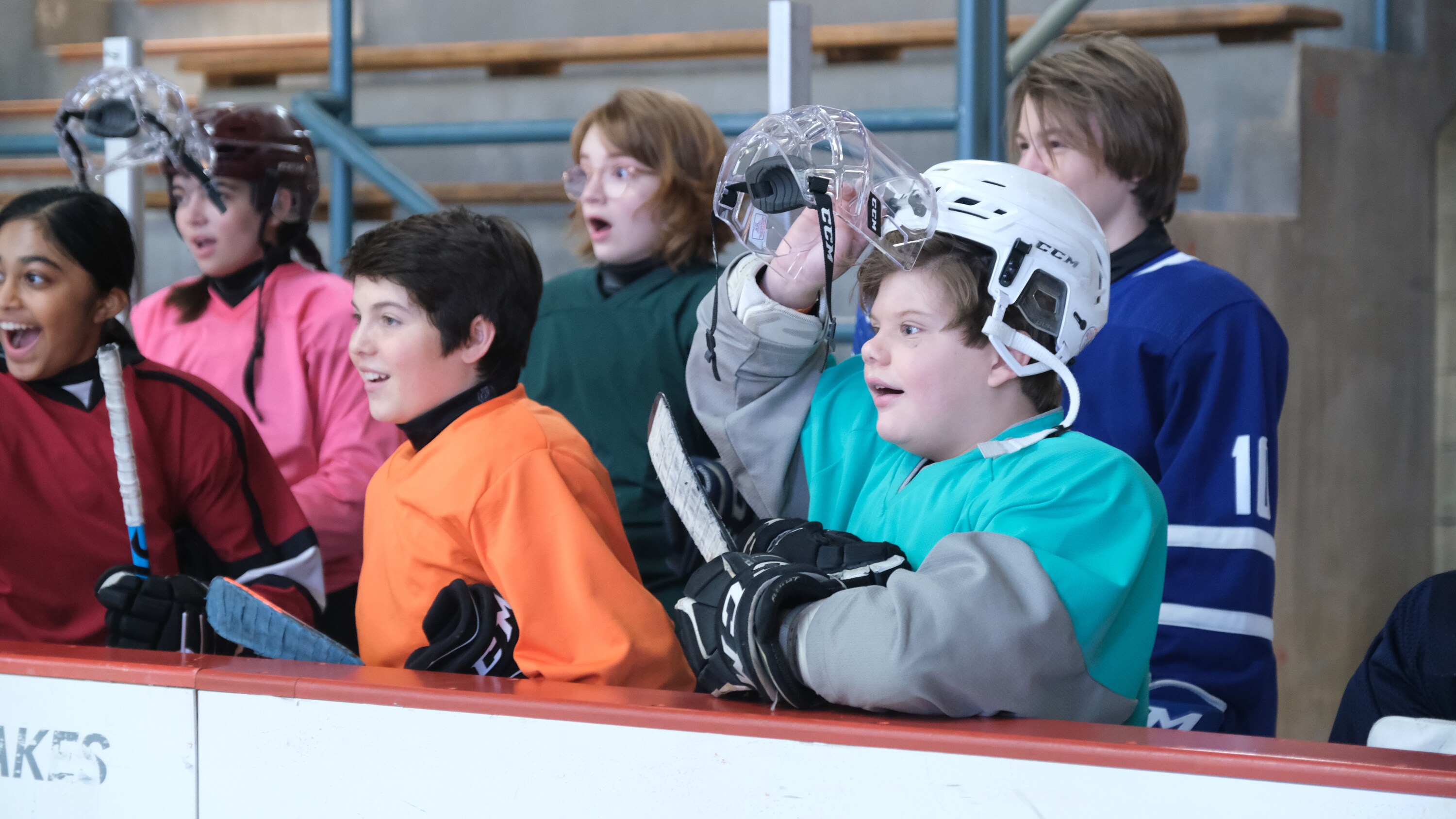 THE MIGHTY DUCKS: GAME CHANGERS - "Spirit of the Ducks" - With the original Ducks back in town, Evan and Bombay each consider where their loyalties lie. (Disney/Liane Hentscher) BRADY NOON, MAXWELL SIMPKINS