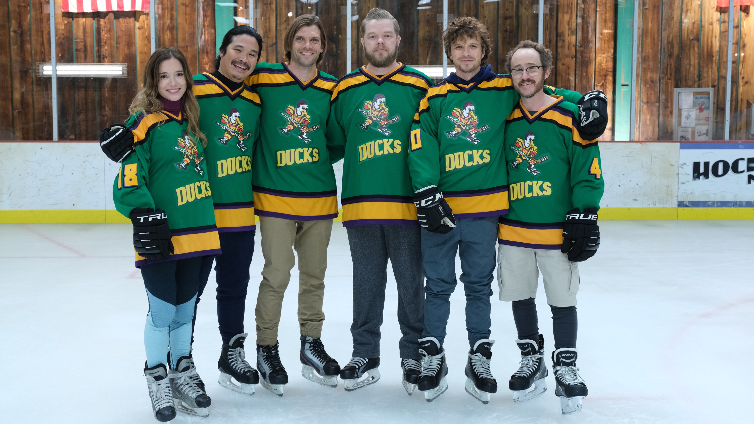 THE MIGHTY DUCKS: GAME CHANGERS - "Spirit of the Ducks" - With the original Ducks back in town, Evan and Bombay each consider where their loyalties lie. (Disney/Liane Hentscher) MARGUERITE MOREAU, JUSTIN WONG, VINCENT LARUSSO, ELDEN HENSON, GARETTE HENSON, MATT DOHERTY