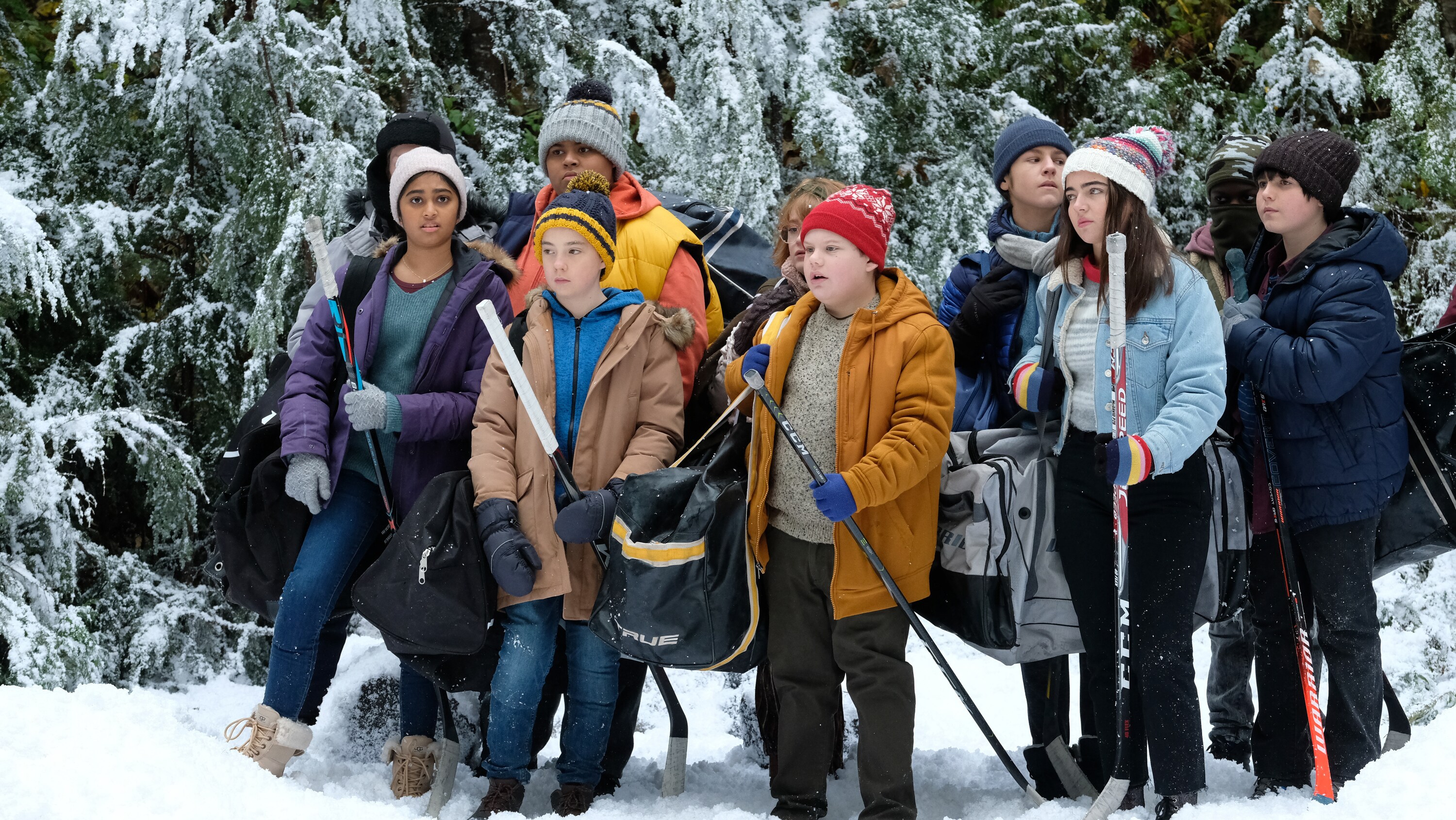 THE MIGHTY DUCKS: GAME CHANGERS - "Pond Hockey" - With the team mad at Evan, and Alex unsure of her coaching skills, Bombay brings them somewhere new. (Disney/Liane Hentscher) SWAYAM BHATIA, ZENON BROWN, MAXWELL SIMPKINS, TAEGEN BURNS, BRADY NOON