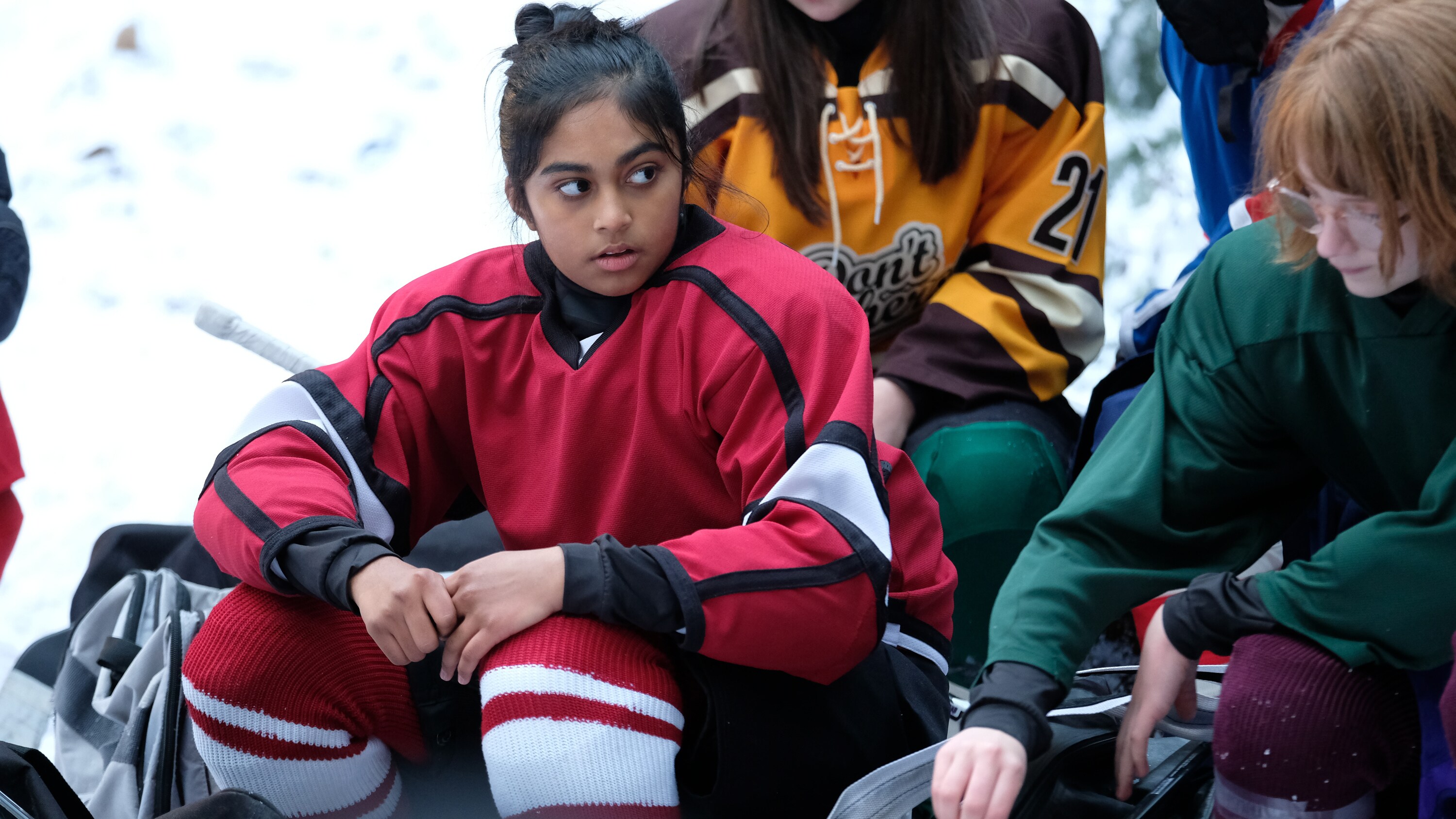 THE MIGHTY DUCKS: GAME CHANGERS - "Pond Hockey" - With the team mad at Evan, and Alex unsure of her coaching skills, Bombay brings them somewhere new. (Disney/Liane Hentscher) SWAYAM BHATIA