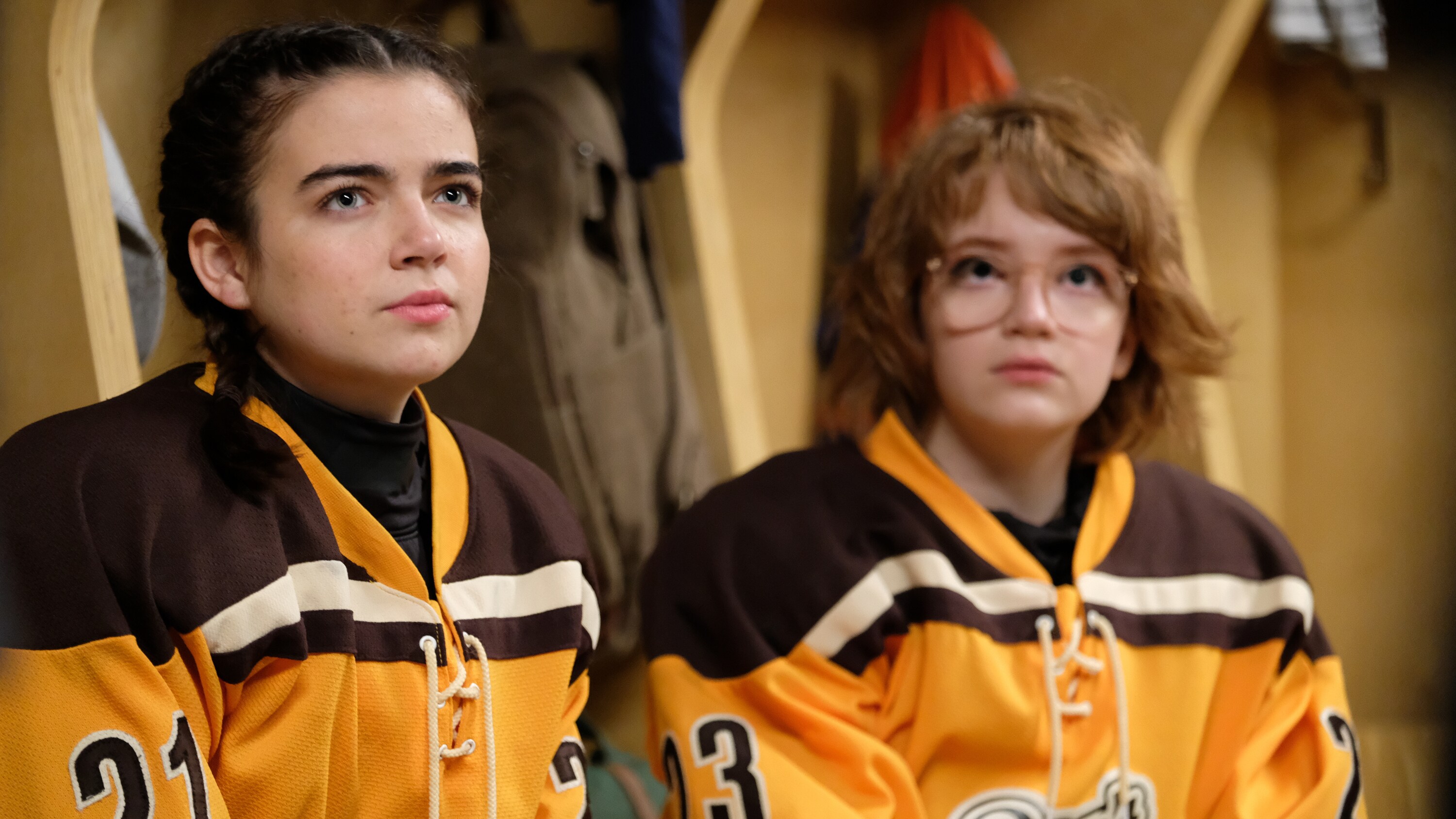 THE MIGHTY DUCKS: GAME CHANGERS - "State of Play" - The Don’t Bothers are forced to choose what’s really important, as they face the Ducks at States. (Disney/Liane Hentscher) TAEGEN BURNS, BELLA HIGGINBOTHAM