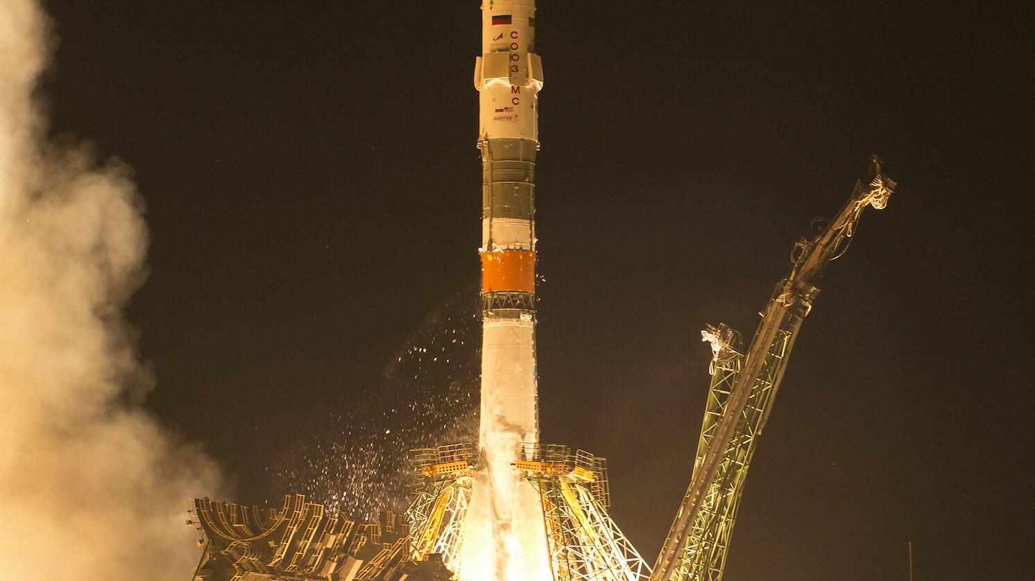 AMONG THE STARS - The Soyuz MS-13 rocket is launched with Expedition 60 Soyuz Commander Alexander Skvortsov of Roscosmos, flight engineer Andrew Morgan of NASA, and flight engineer Luca Parmitano of ESA (European Space Agency), Saturday, July 20, 2019 at the Baikonur Cosmodrome in Kazakhstan. Skvortsov, Morgan, and Parmitano launched at 12:28 p.m. Eastern time (9:28 p.m. Baikonur time) to begin their mission to the International Space Station. (NASA/Joel Kowsky)